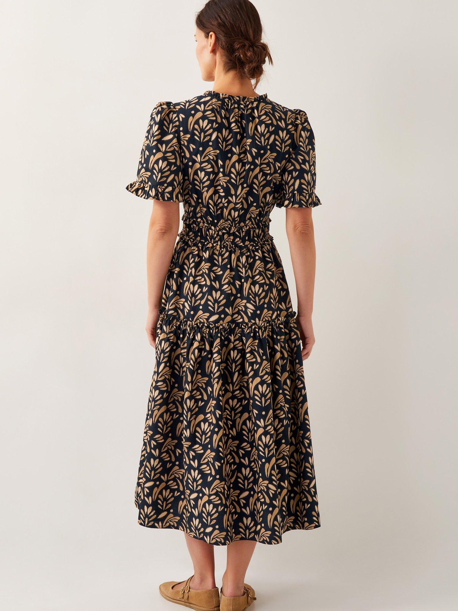 Product image 2 of 5, which shows Monsoon Bryony Cotton Botanical Ruffle Midi Dress, Black/Beige, S