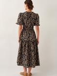 Monsoon Bryony Cotton Botanical Ruffle Midi Dress, Black/Beige
