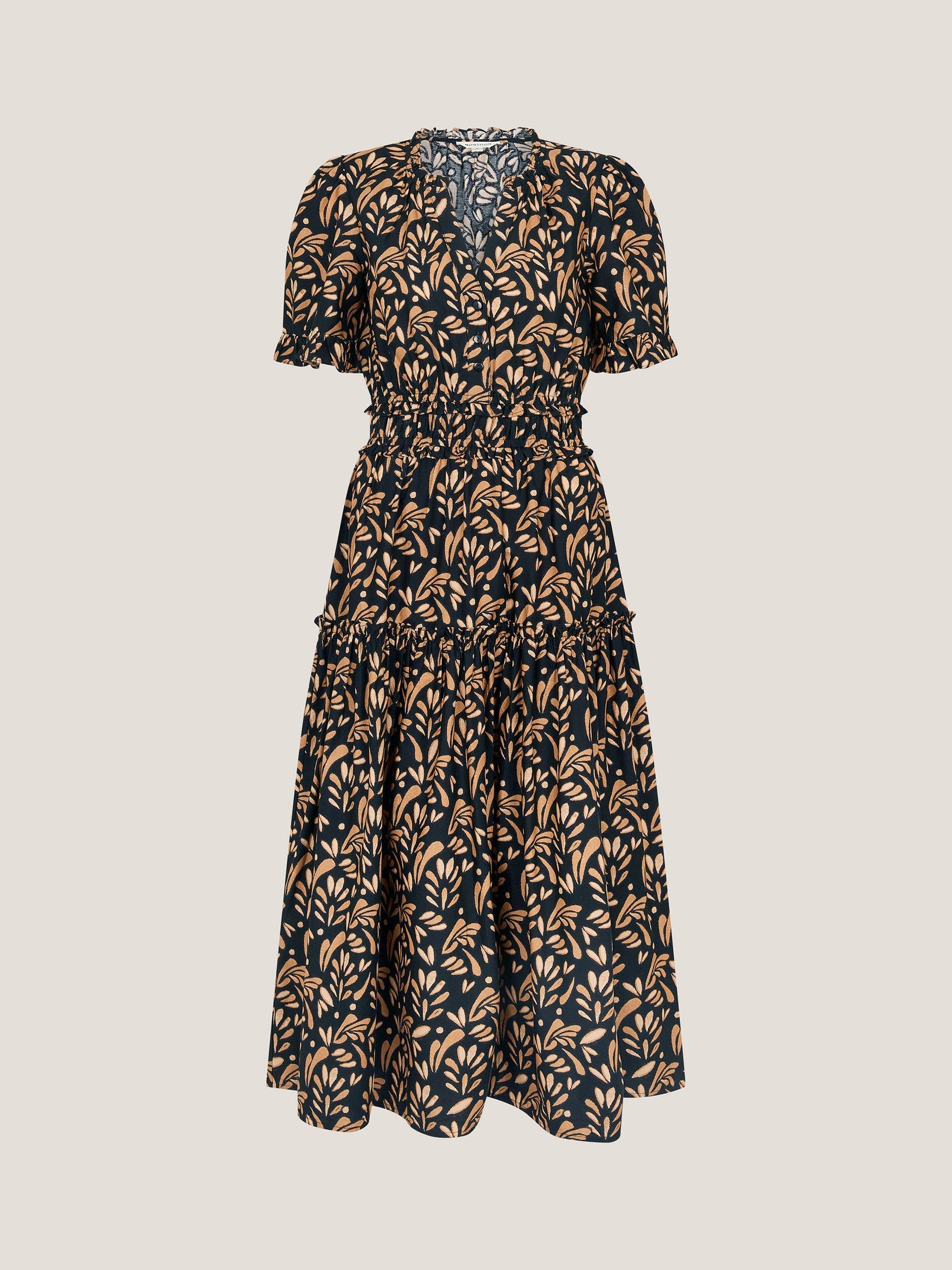 Product image 3 of 5, which shows Monsoon Bryony Cotton Botanical Ruffle Midi Dress, Black/Beige, S