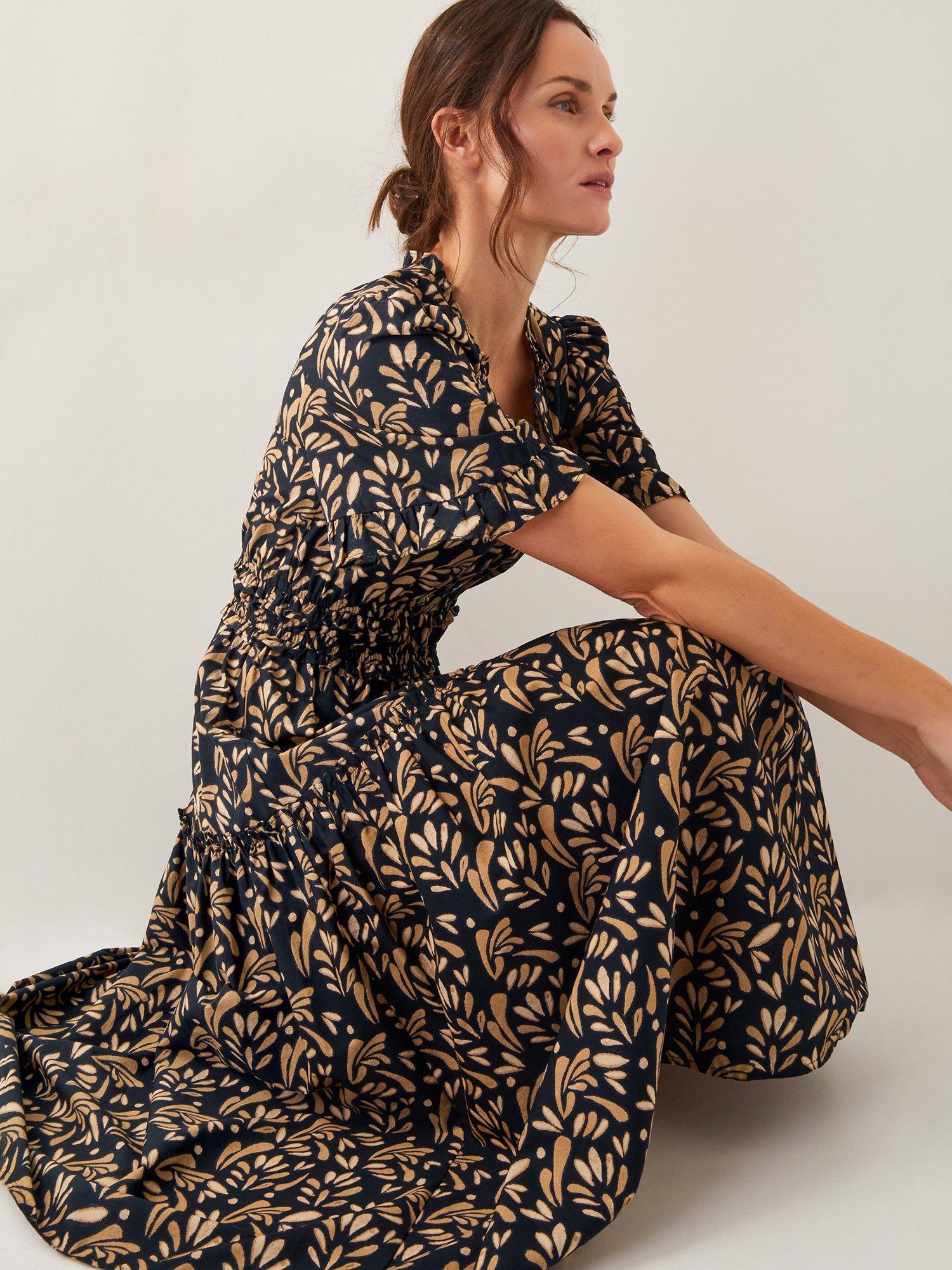 Product image 4 of 5, which shows Monsoon Bryony Cotton Botanical Ruffle Midi Dress, Black/Beige, S