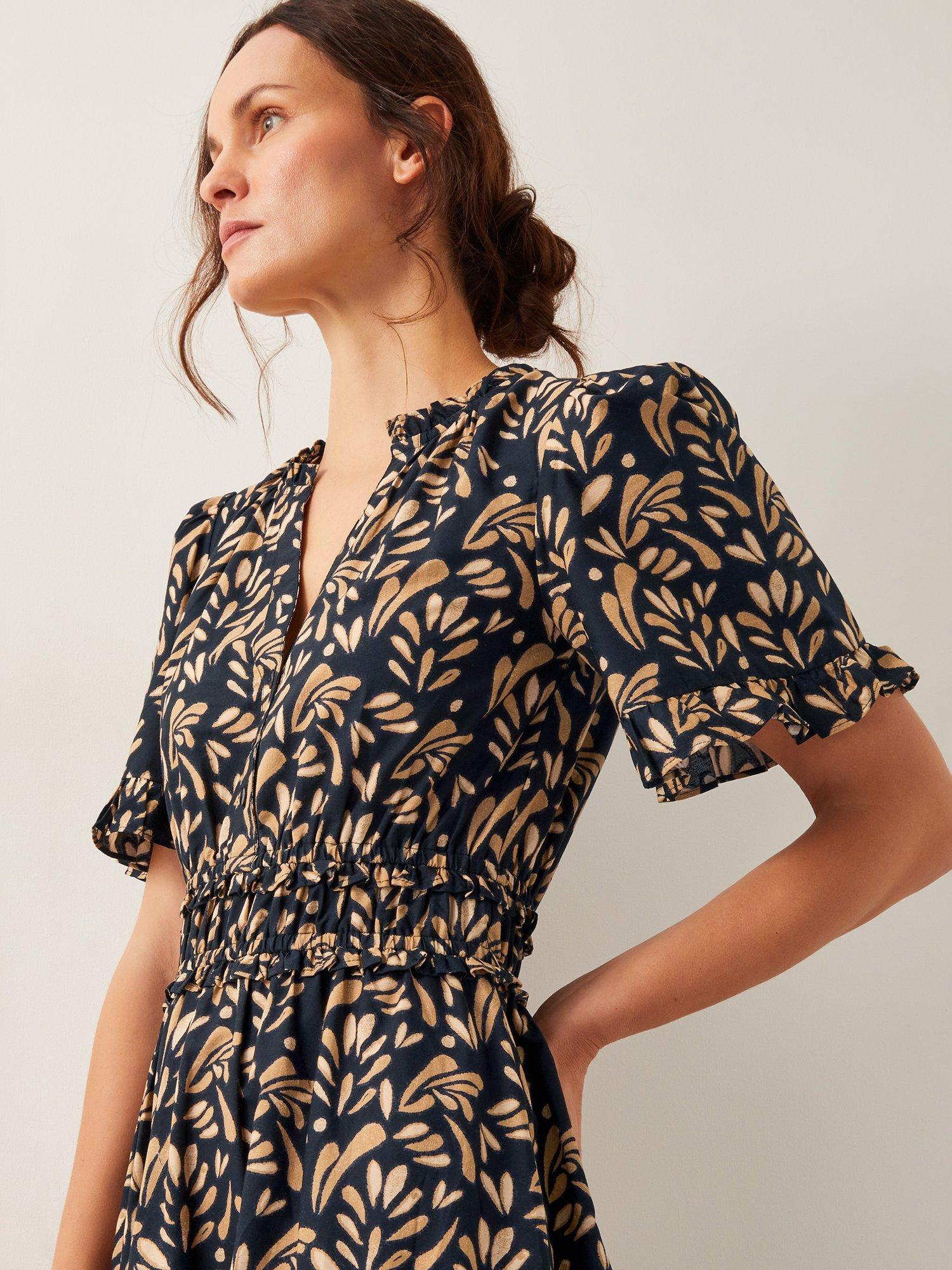 Product image 5 of 5, which shows Monsoon Bryony Cotton Botanical Ruffle Midi Dress, Black/Beige, S