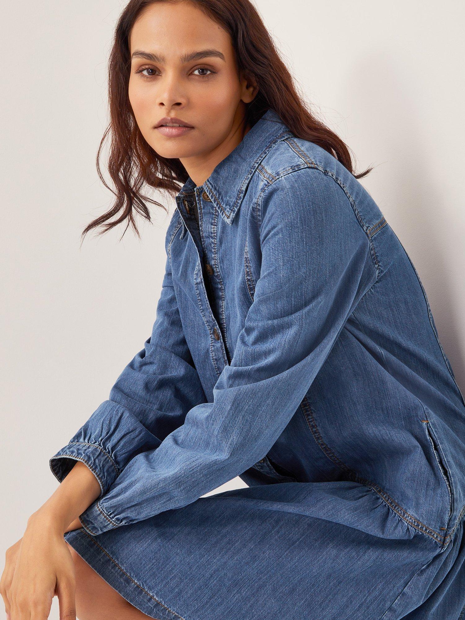 Product image 4 of 5, which shows Monsoon Isla Denim Smock Shirt Dress, Blue, 8