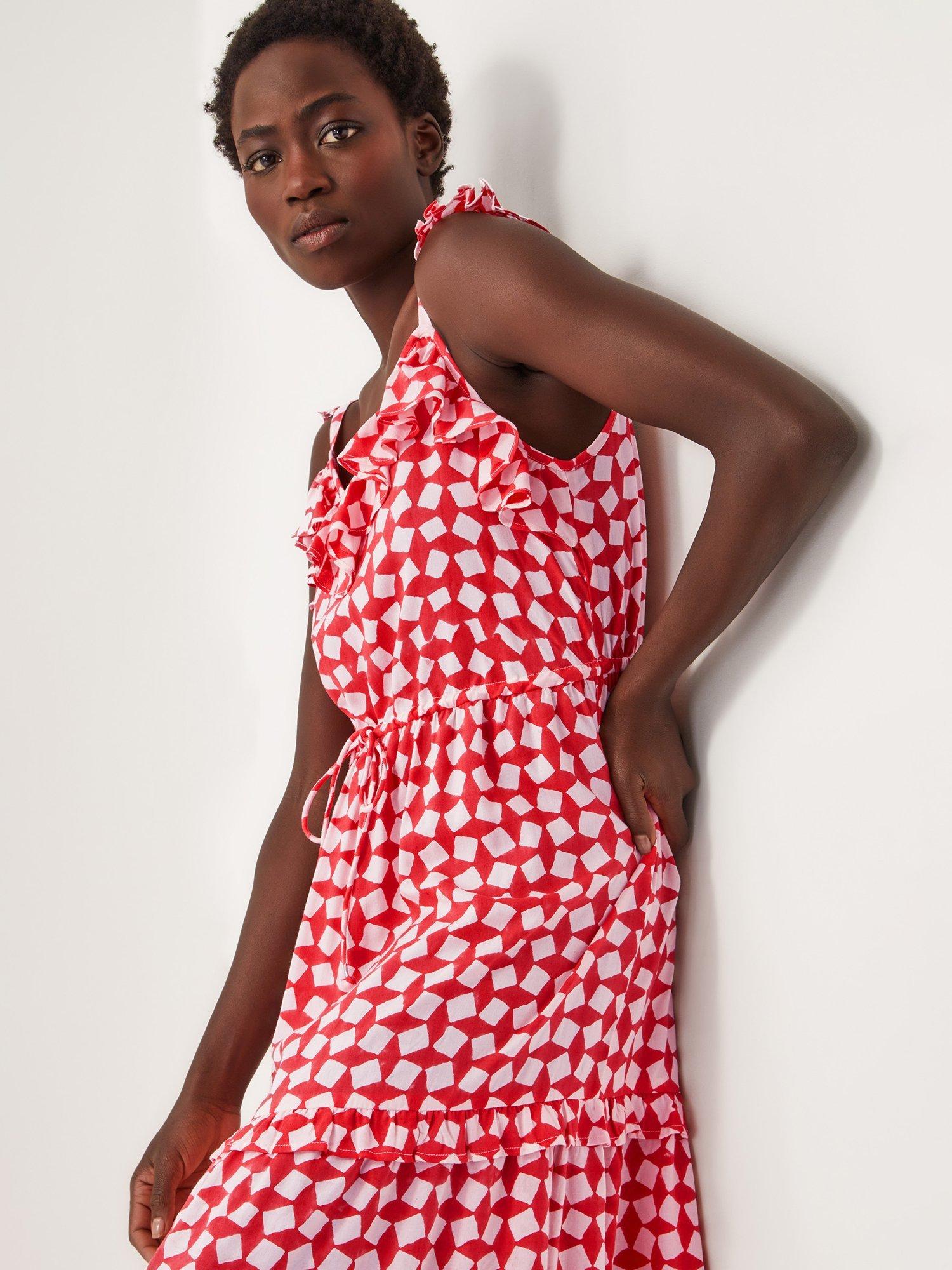 Product image 5 of 5, which shows Monsoon Geena Abstract Midi Dress, Coral/White, L