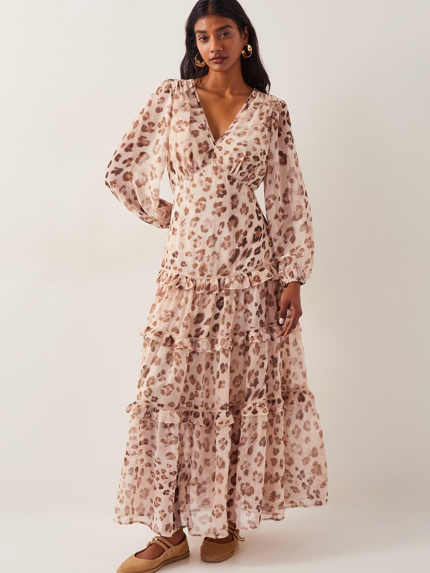Product image 1 of 5, which shows Monsoon Leona Leopard Frilly Tiered Maxi Dress, Pale Pink/Brown, 8