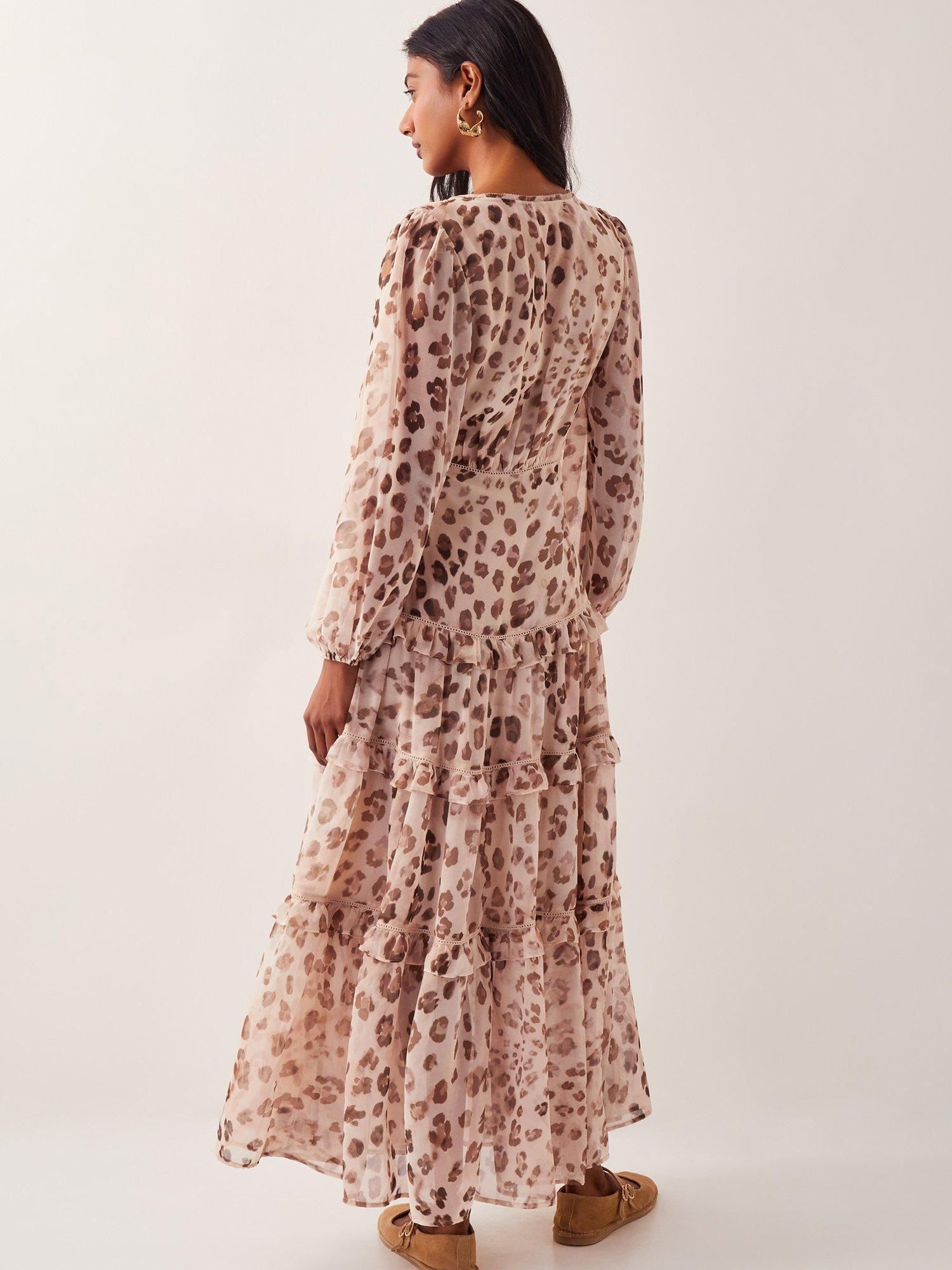 Product image 2 of 5, which shows Monsoon Leona Leopard Frilly Tiered Maxi Dress, Pale Pink/Brown, 8