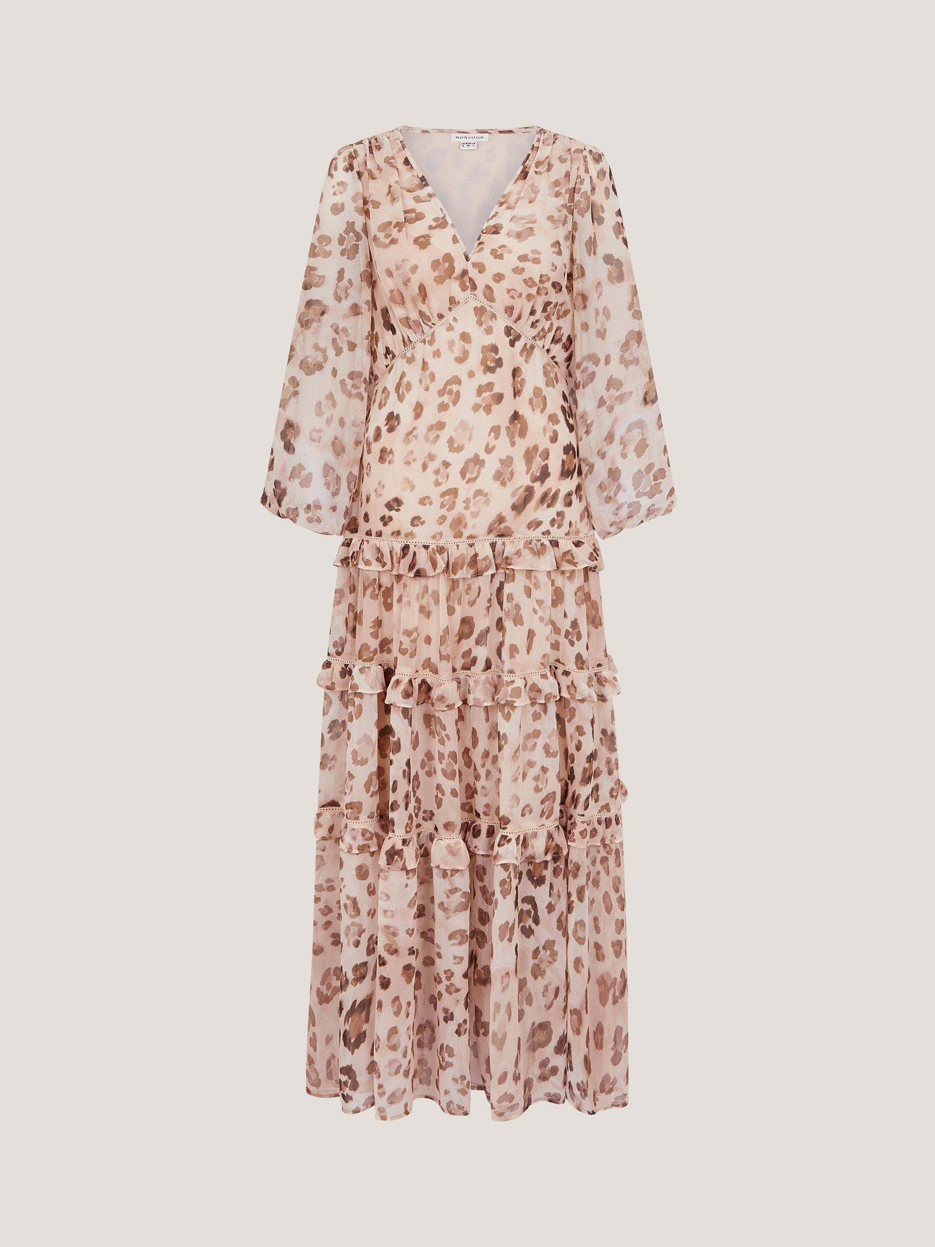 Product image 3 of 5, which shows Monsoon Leona Leopard Frilly Tiered Maxi Dress, Pale Pink/Brown, 8