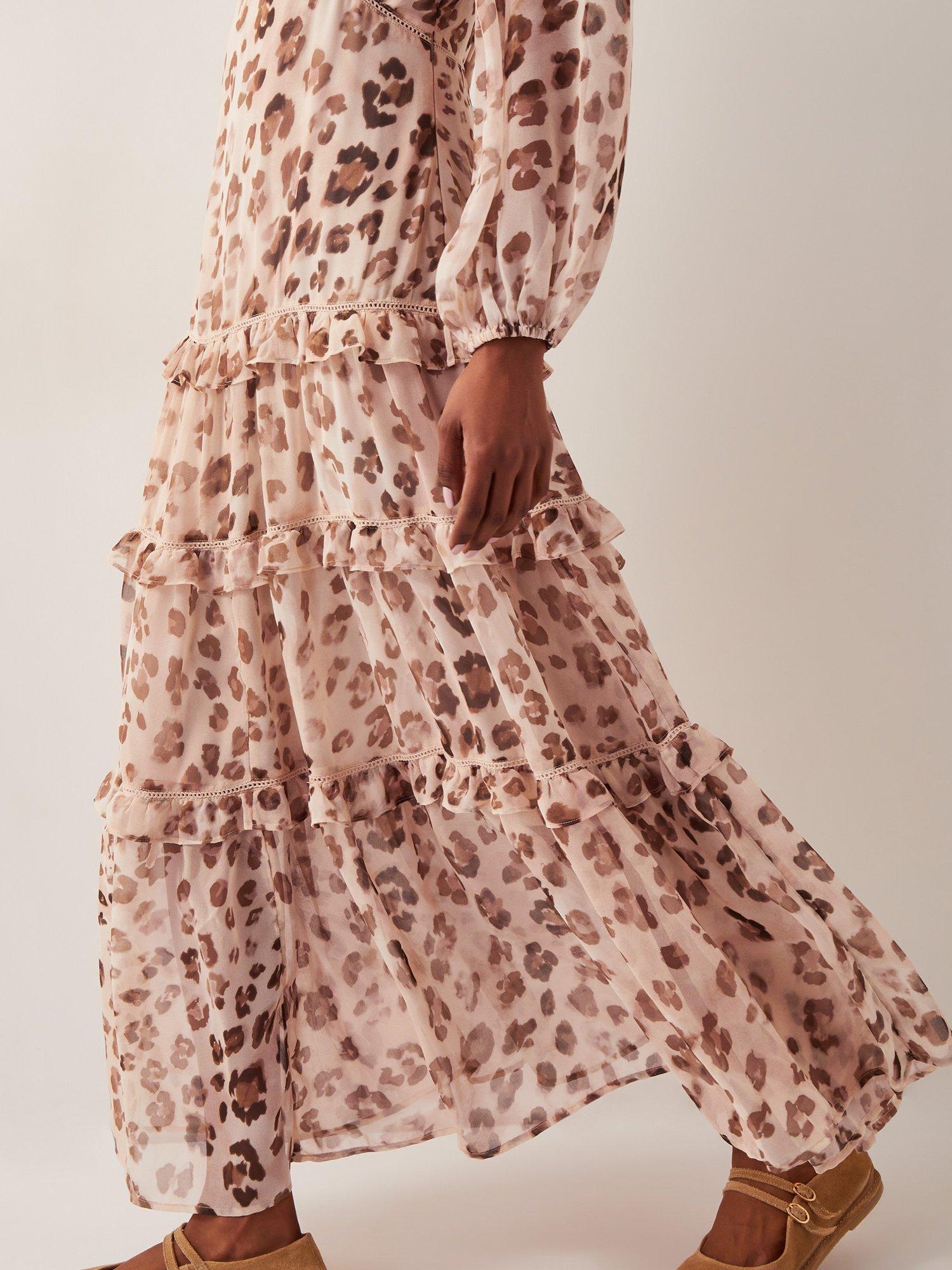 Product image 4 of 5, which shows Monsoon Leona Leopard Frilly Tiered Maxi Dress, Pale Pink/Brown, 8