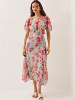 Monsoon Marlene Floral Angel Sleeve Midi Dress, Mint/Multi, Mint/Multi