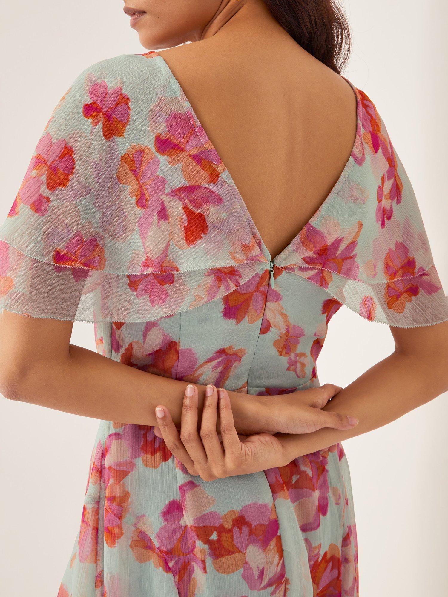 Product image 5 of 5, which shows Monsoon Marlene Floral Angel Sleeve Midi Dress, Mint/Multi, 8