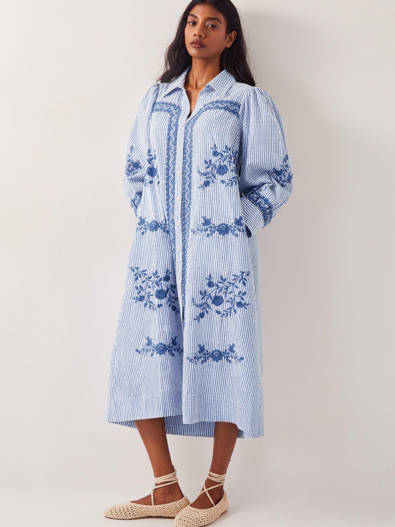Product image 1 of 5, which shows Monsoon Marlowe Floral Embroidered Stripe Midi Shirt Dress, Blue/White, S