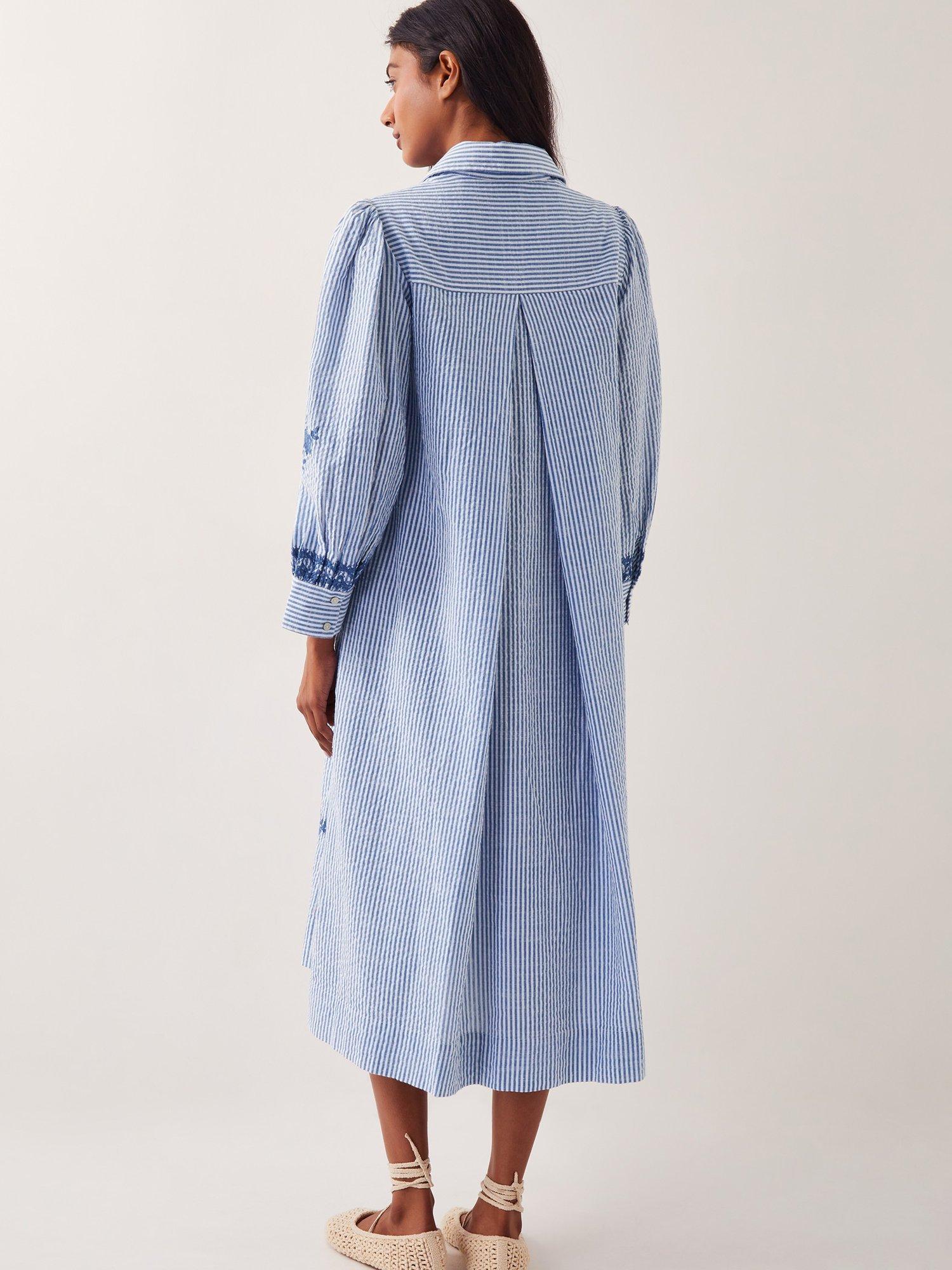 Product image 2 of 5, which shows Monsoon Marlowe Floral Embroidered Stripe Midi Shirt Dress, Blue/White, S