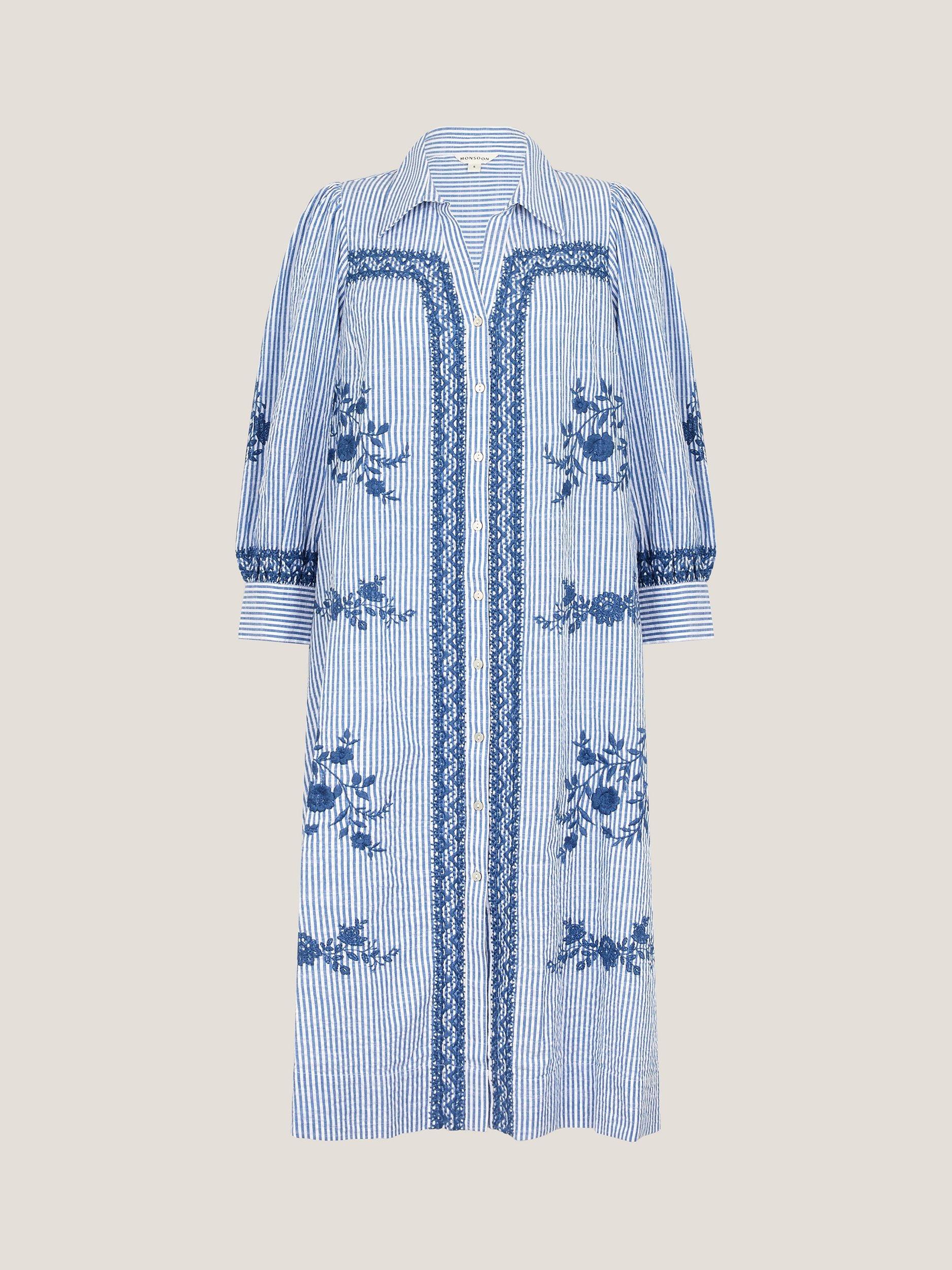 Product image 3 of 5, which shows Monsoon Marlowe Floral Embroidered Stripe Midi Shirt Dress, Blue/White, S