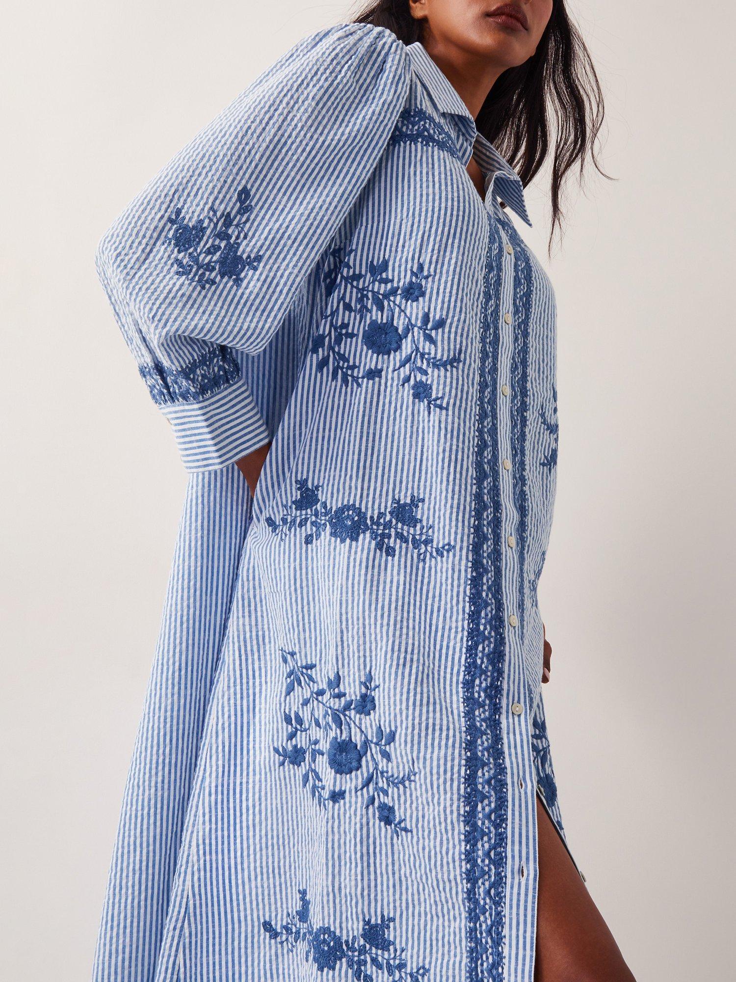 Product image 4 of 5, which shows Monsoon Marlowe Floral Embroidered Stripe Midi Shirt Dress, Blue/White, S