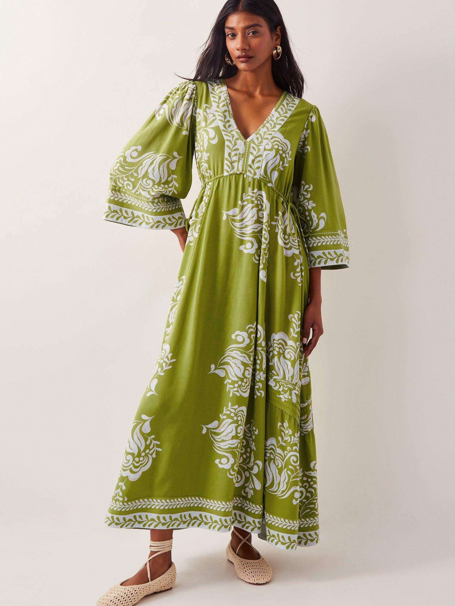 Monsoon Miley Floral Floaty Sleeve Midi Dress, Green/White