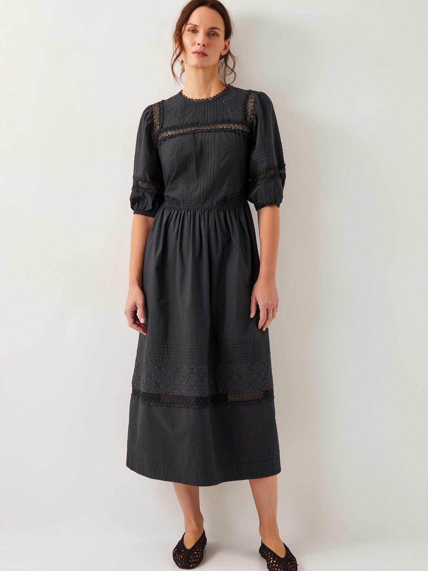 Product image 1 of 5, which shows Monsoon Odilia Cotton Broderie Puff Sleeve Midi Dress, Black, 12