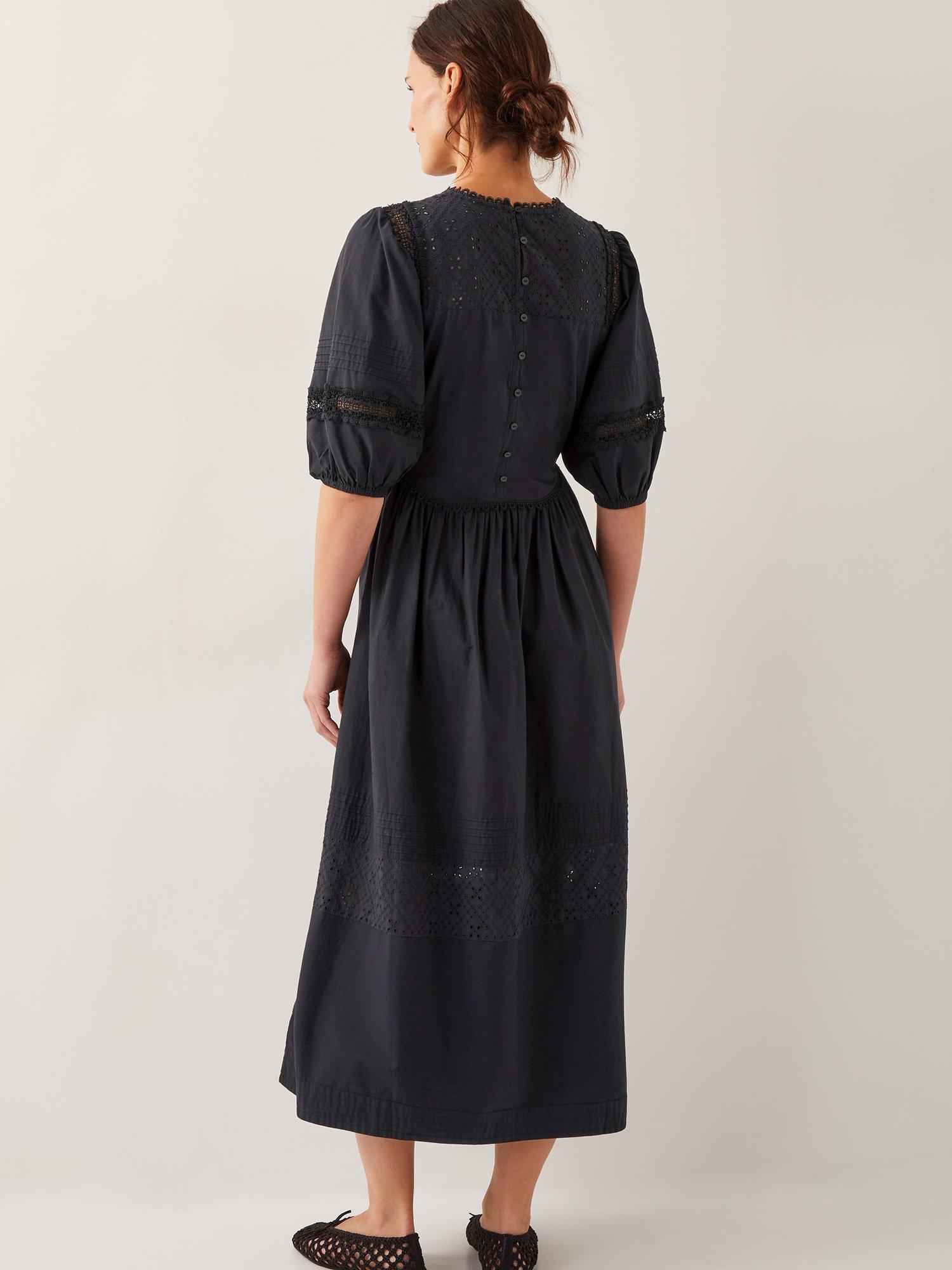 Product image 2 of 5, which shows Monsoon Odilia Cotton Broderie Puff Sleeve Midi Dress, Black, 12