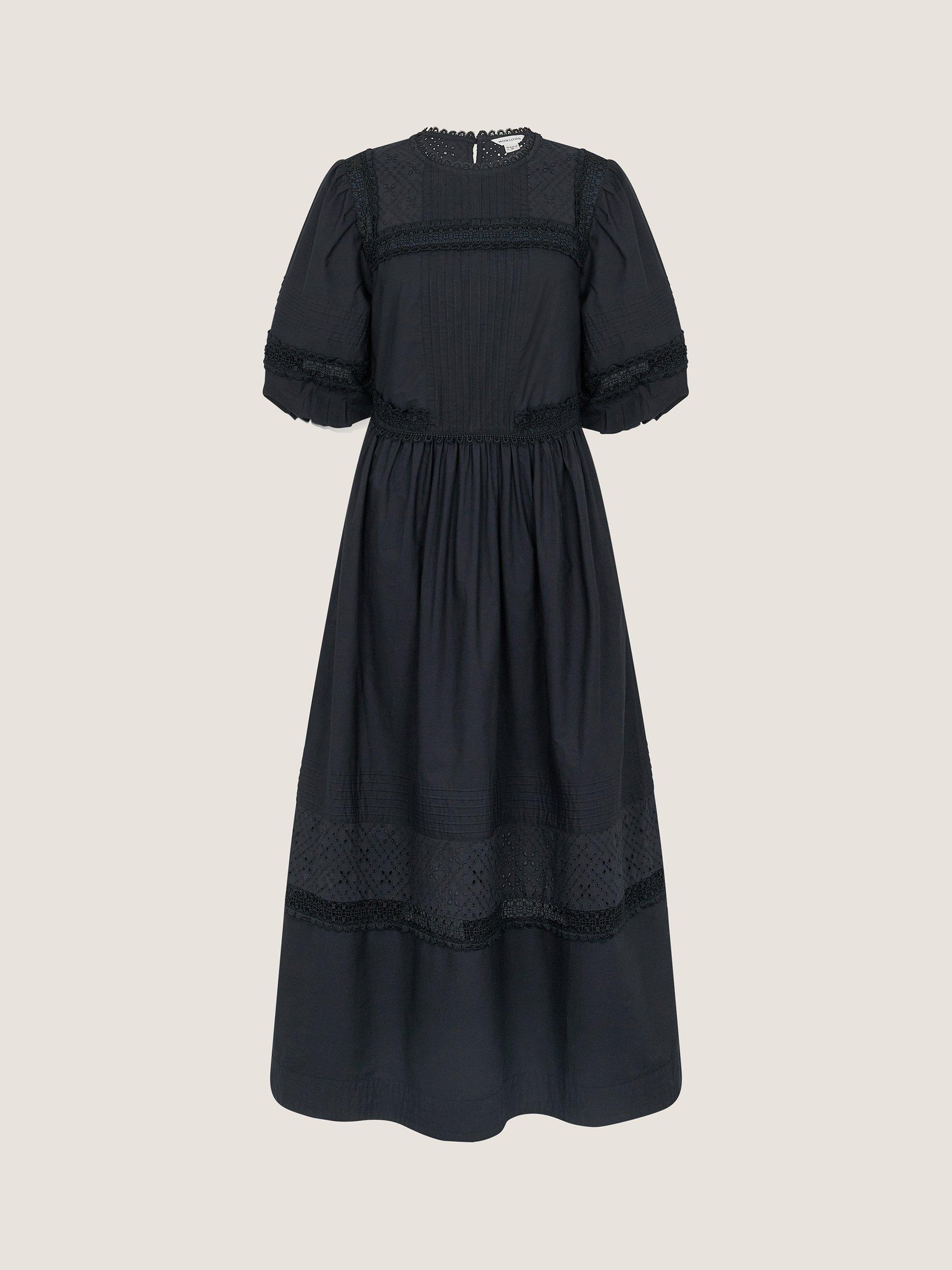 Product image 3 of 5, which shows Monsoon Odilia Cotton Broderie Puff Sleeve Midi Dress, Black, 12