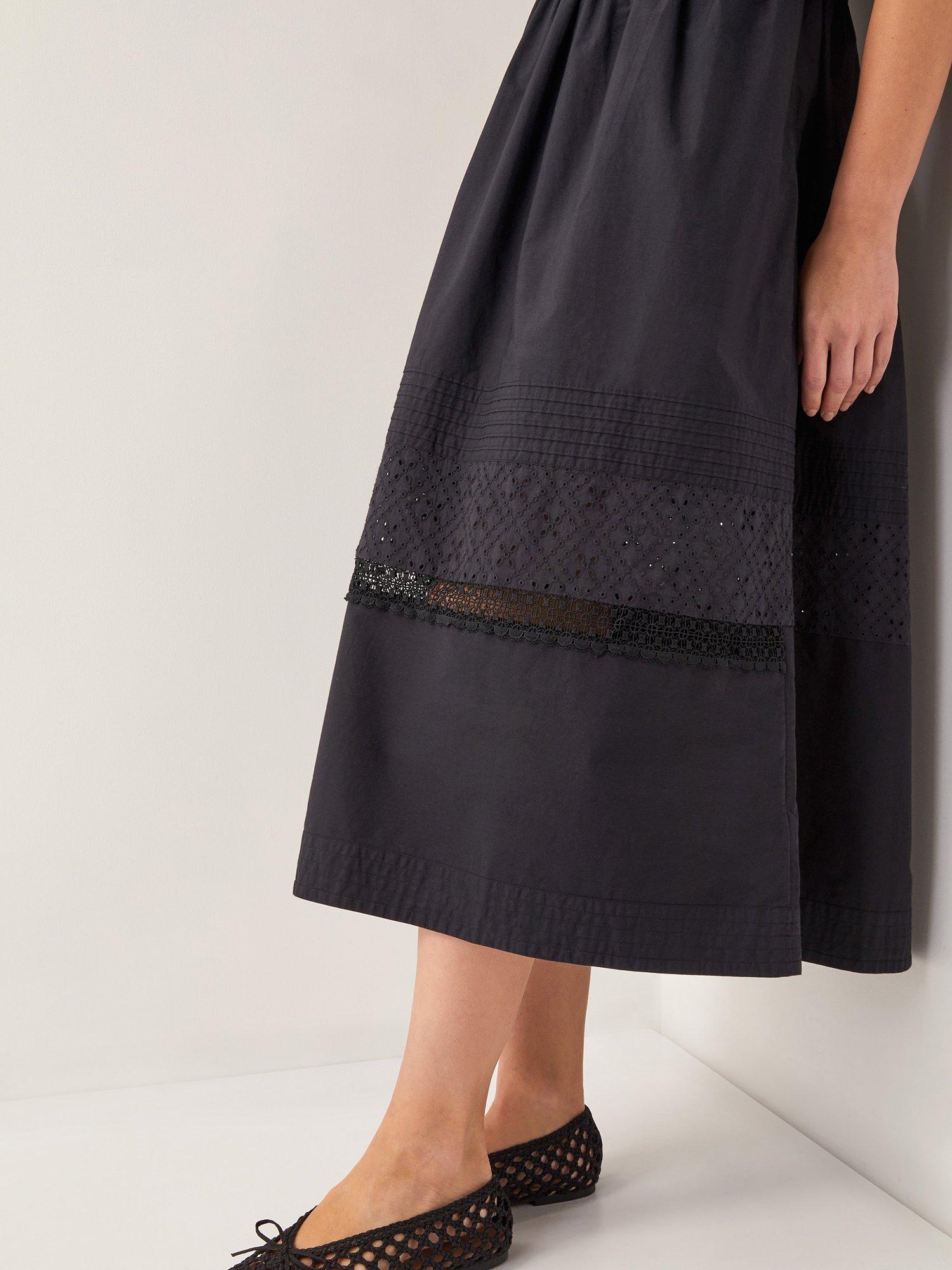Product image 4 of 5, which shows Monsoon Odilia Cotton Broderie Puff Sleeve Midi Dress, Black, 12