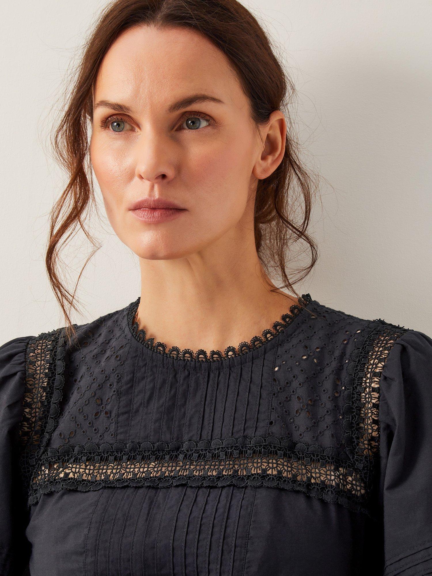 Product image 5 of 5, which shows Monsoon Odilia Cotton Broderie Puff Sleeve Midi Dress, Black, 12