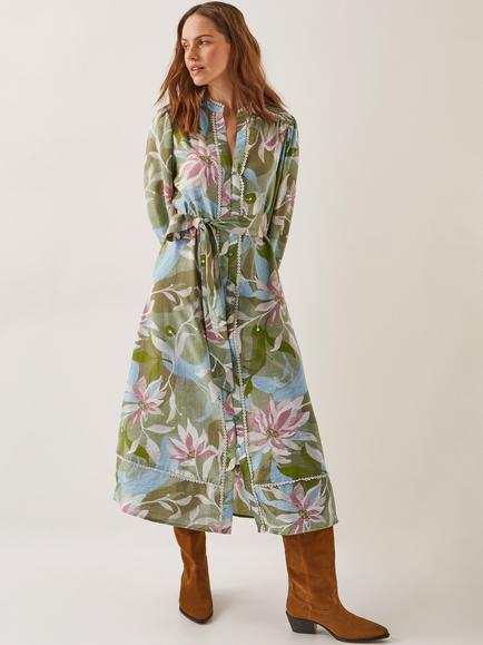 Monsoon Piper Floral Belted Midi Dress, Khaki/Multi, Khaki/Multi