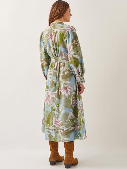Monsoon Piper Floral Belted Midi Dress, Khaki/Multi - view 2, Khaki/Multi