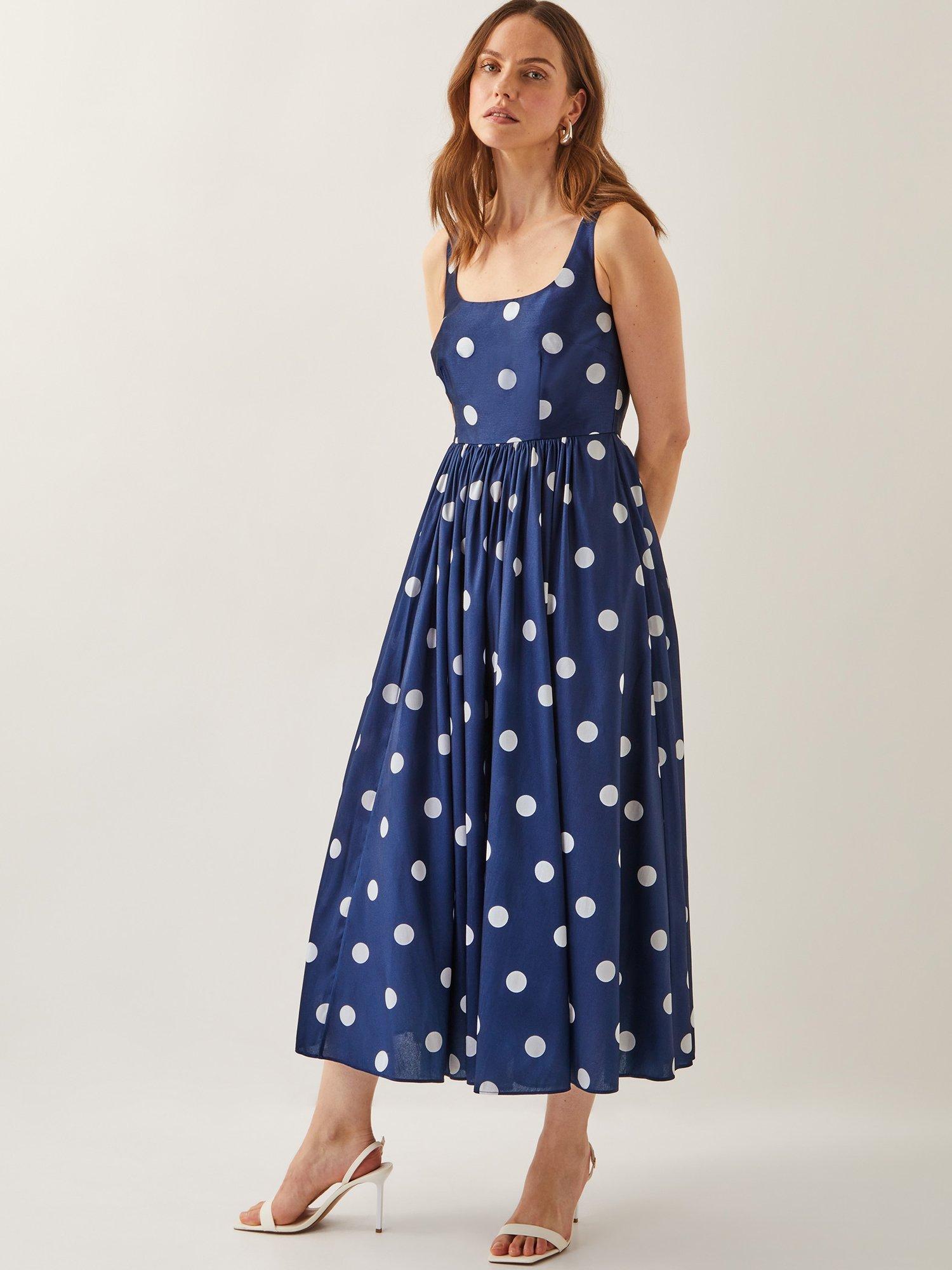 Product image 1 of 5, which shows Monsoon Sicily Polka Dot Sleeveless Midi Dress, Navy, 8