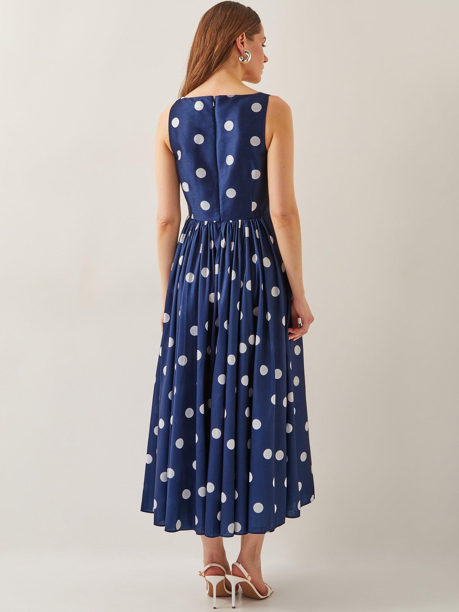 Product image 2 of 5, which shows Monsoon Sicily Polka Dot Sleeveless Midi Dress, Navy, 8
