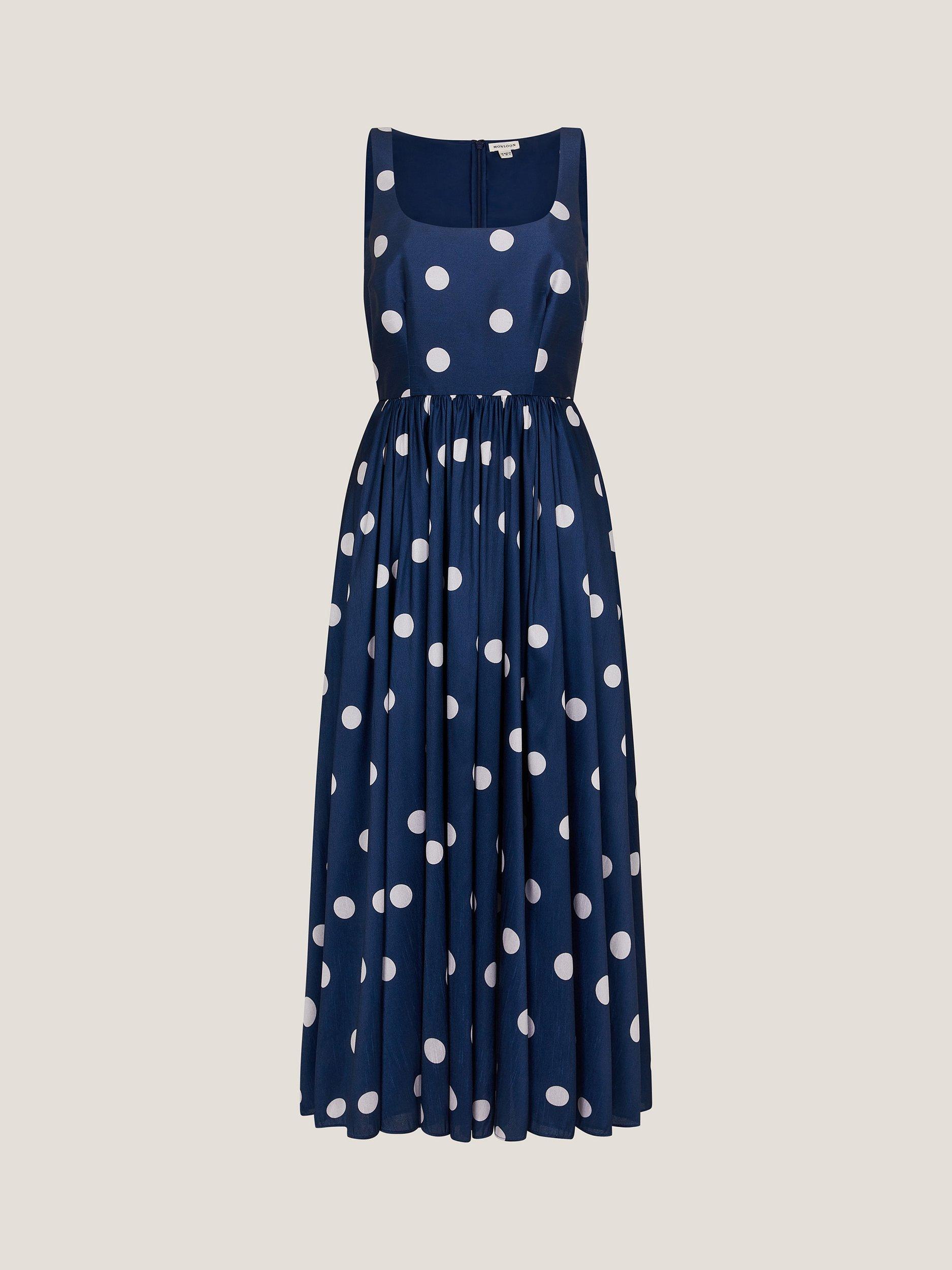 Product image 3 of 5, which shows Monsoon Sicily Polka Dot Sleeveless Midi Dress, Navy, 8