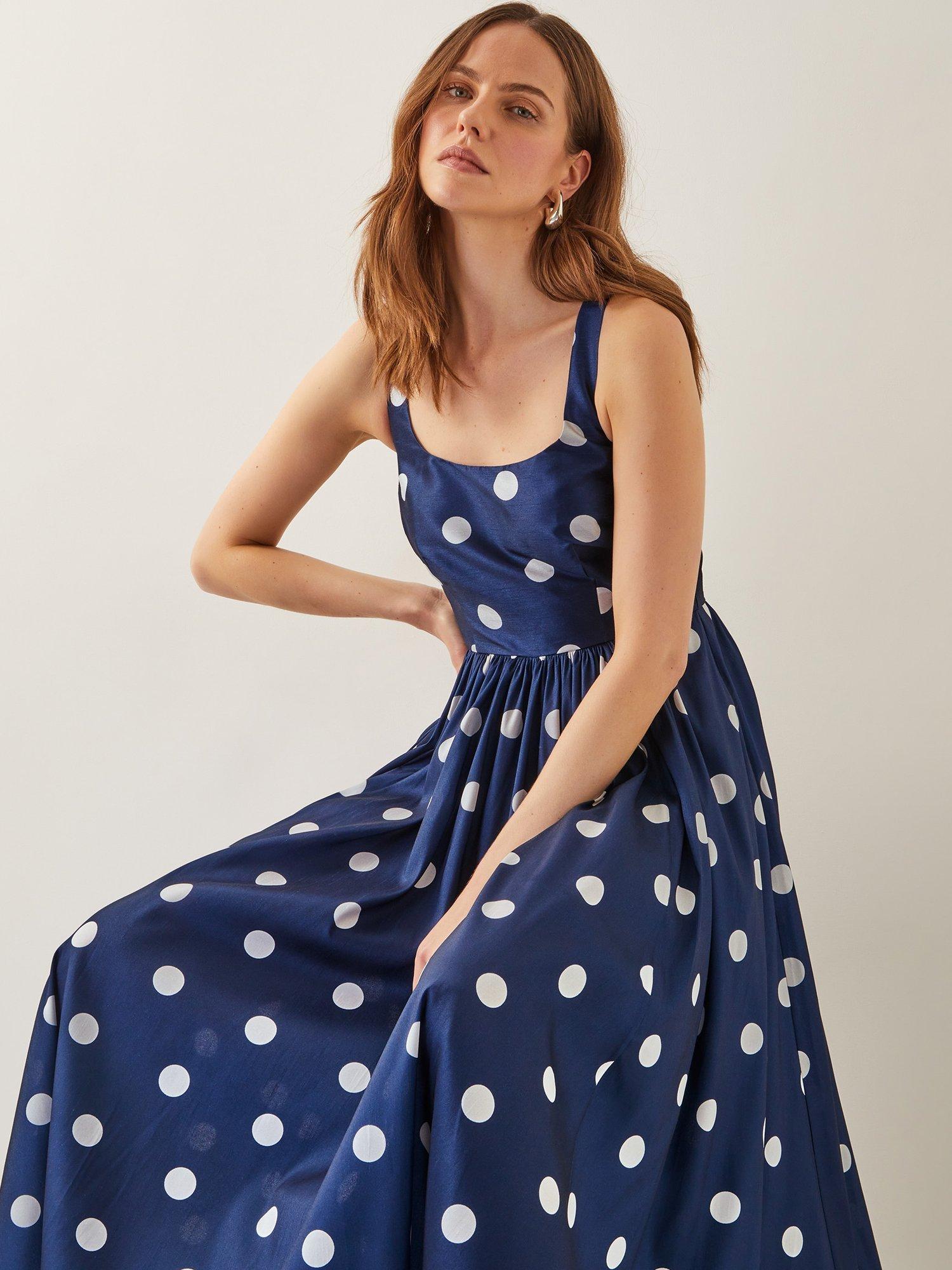 Product image 4 of 5, which shows Monsoon Sicily Polka Dot Sleeveless Midi Dress, Navy, 8