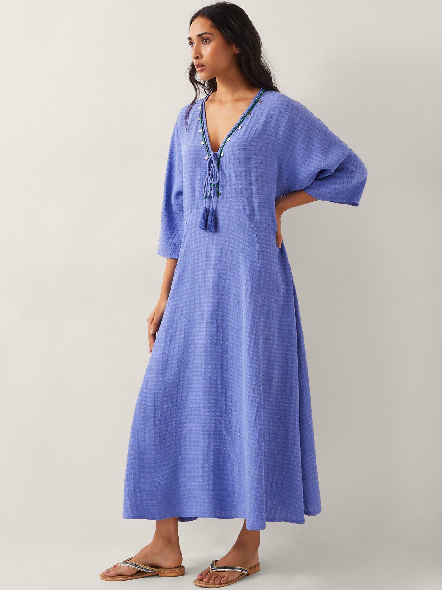 Product image 1 of 4, which shows Monsoon Leslie Woven Check Maxi Kaftan, Blue, S