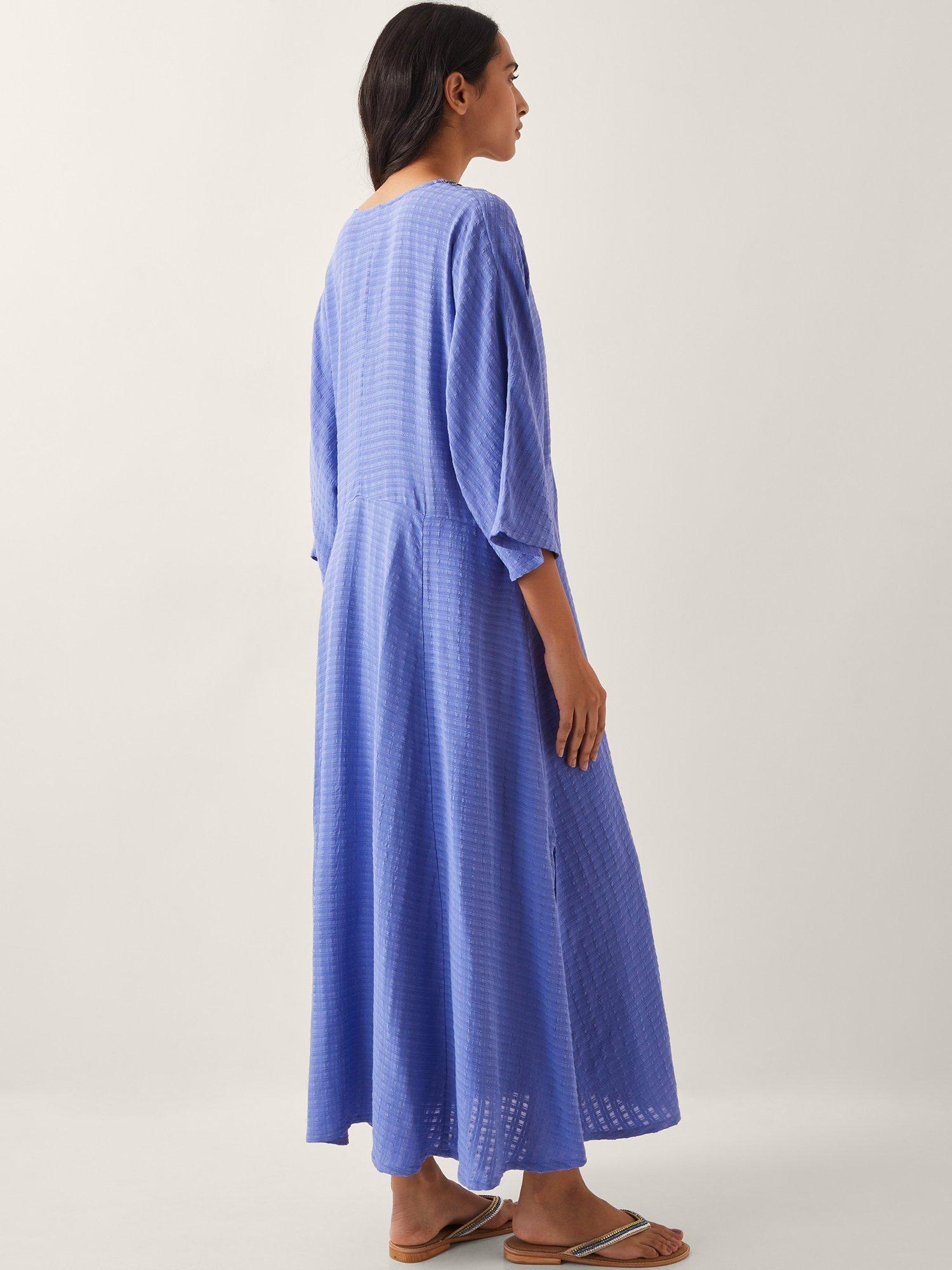 Product image 2 of 4, which shows Monsoon Leslie Woven Check Maxi Kaftan, Blue, S