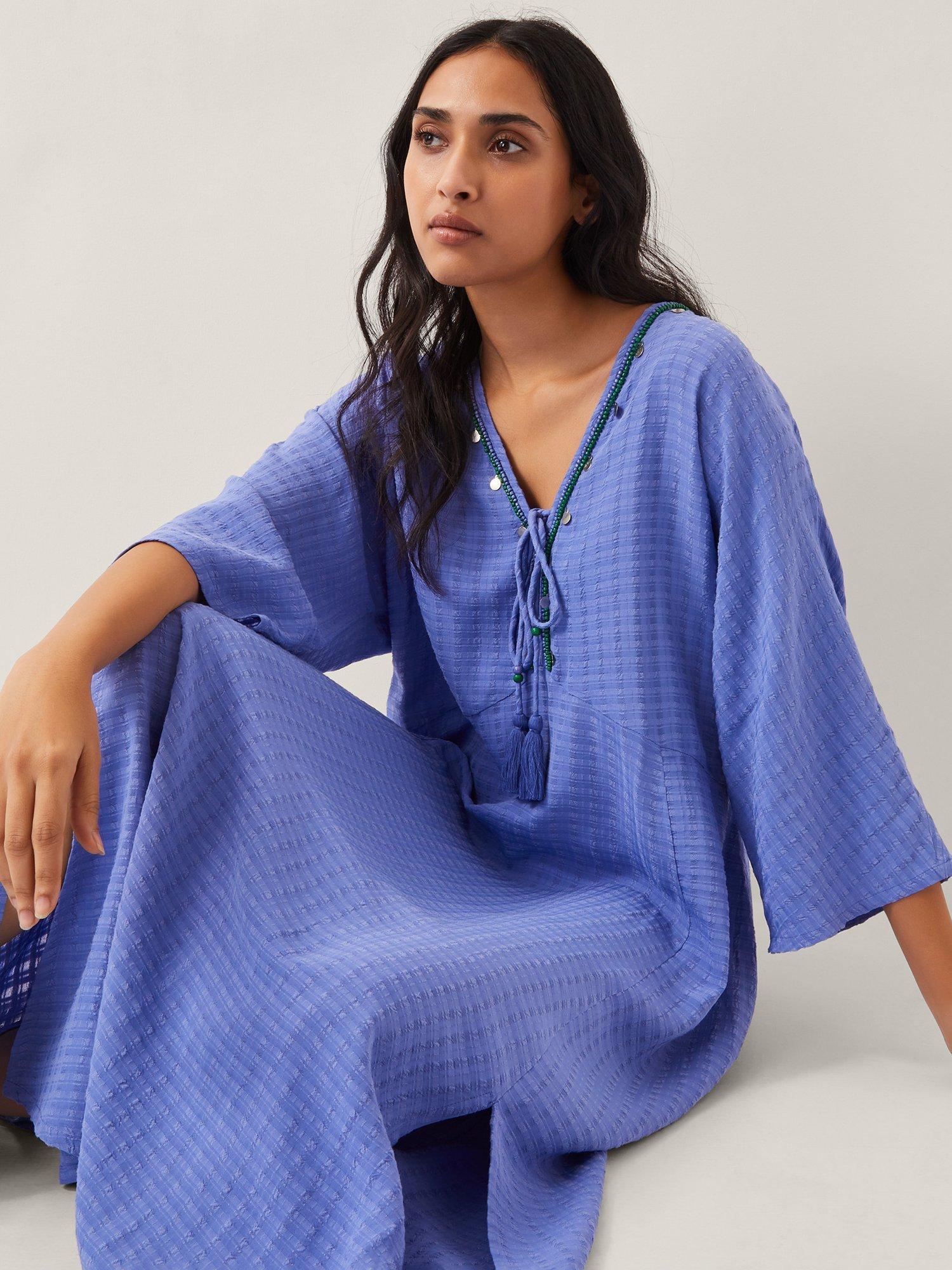 Product image 3 of 4, which shows Monsoon Leslie Woven Check Maxi Kaftan, Blue, S