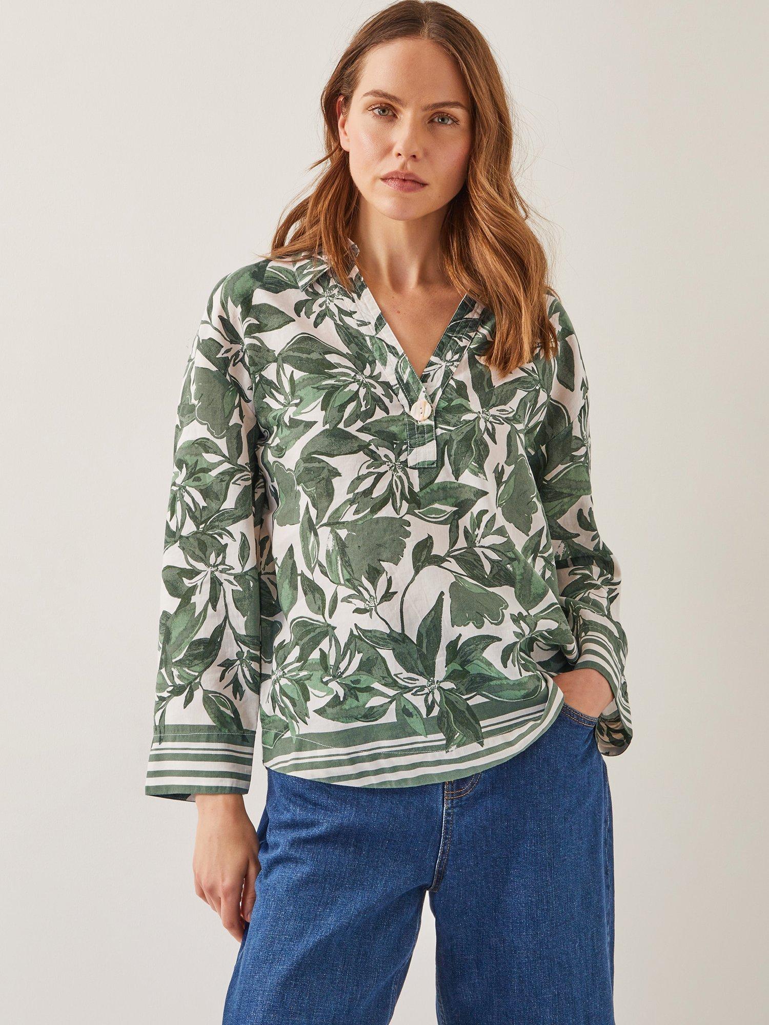 Product image 1 of 5, which shows Monsoon Clover Floral Linen Blend Blouse, Green/White, S