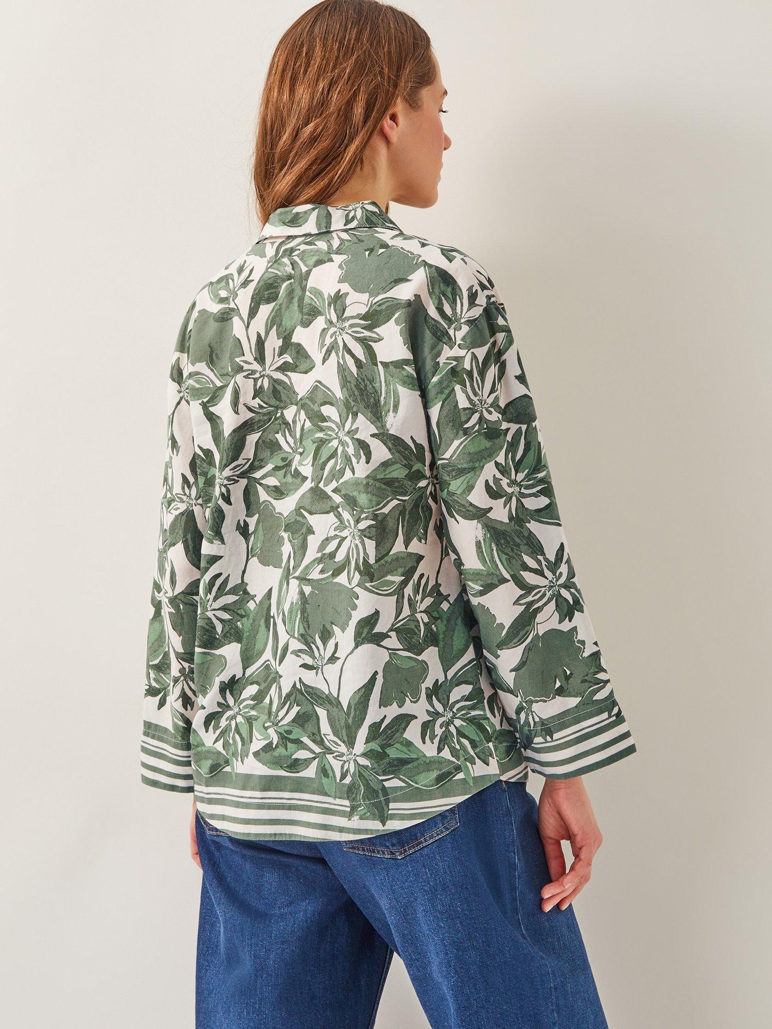 Product image 2 of 5, which shows Monsoon Clover Floral Linen Blend Blouse, Green/White, S