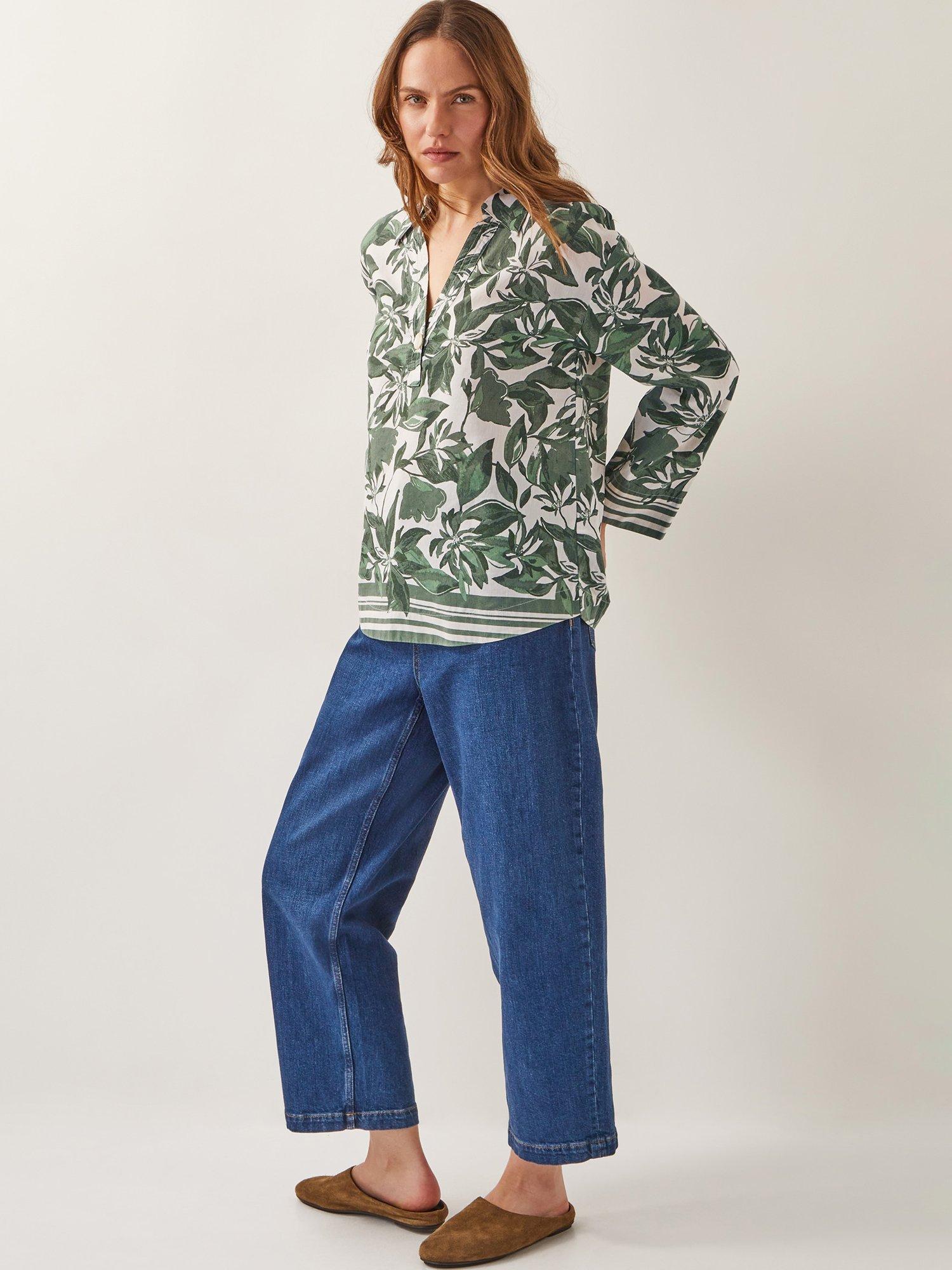 Product image 3 of 5, which shows Monsoon Clover Floral Linen Blend Blouse, Green/White, S