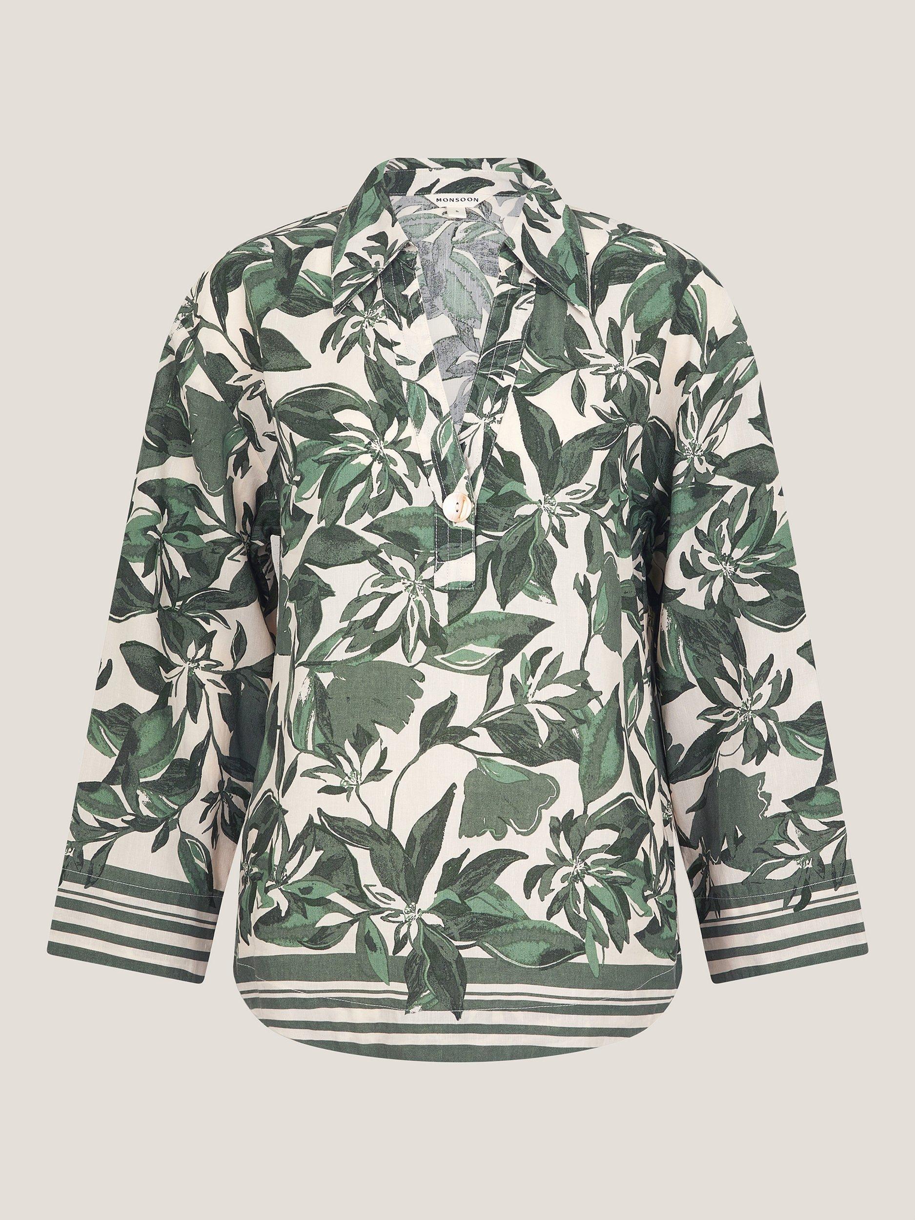 Product image 4 of 5, which shows Monsoon Clover Floral Linen Blend Blouse, Green/White, S