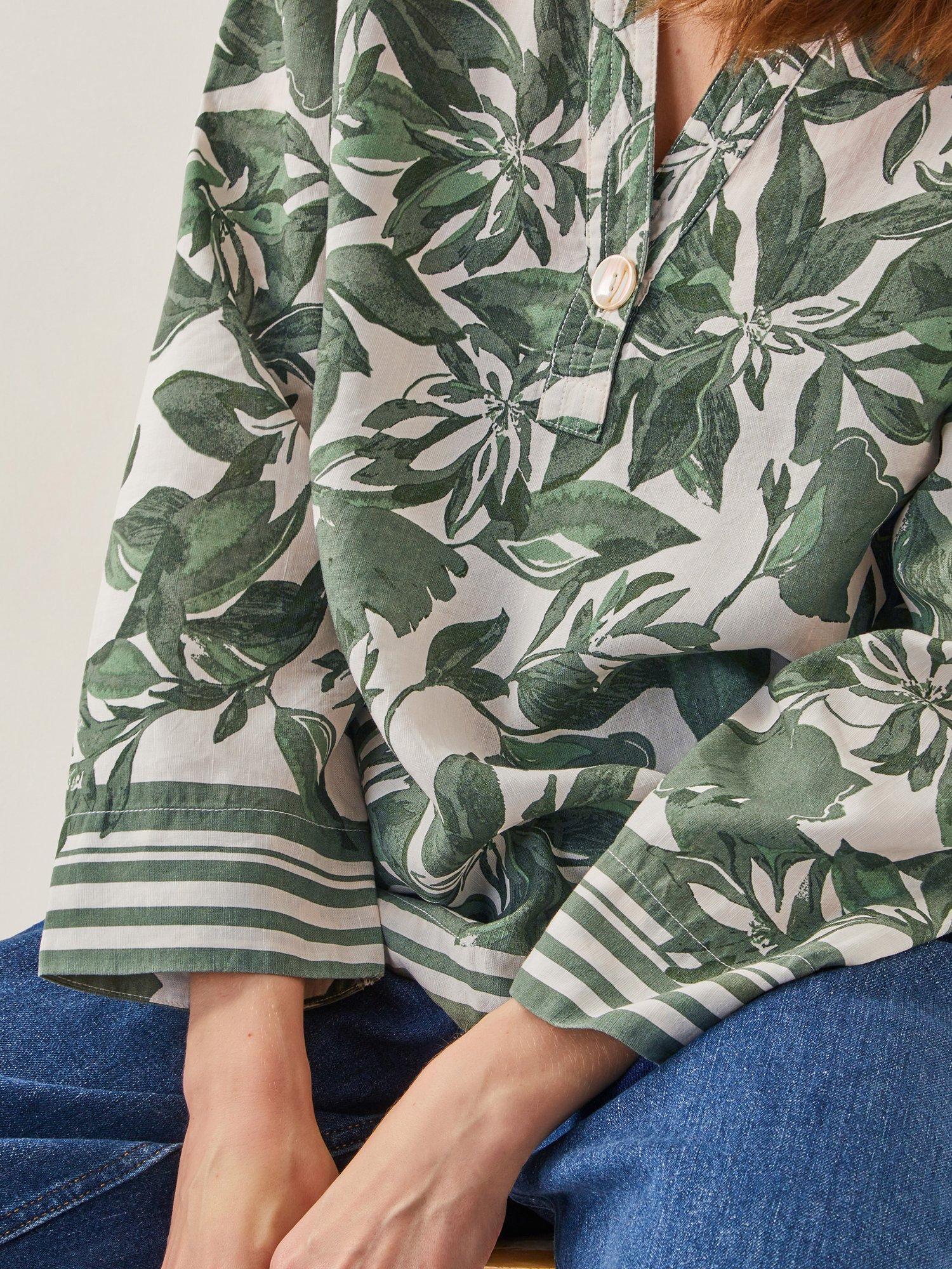 Product image 5 of 5, which shows Monsoon Clover Floral Linen Blend Blouse, Green/White, S