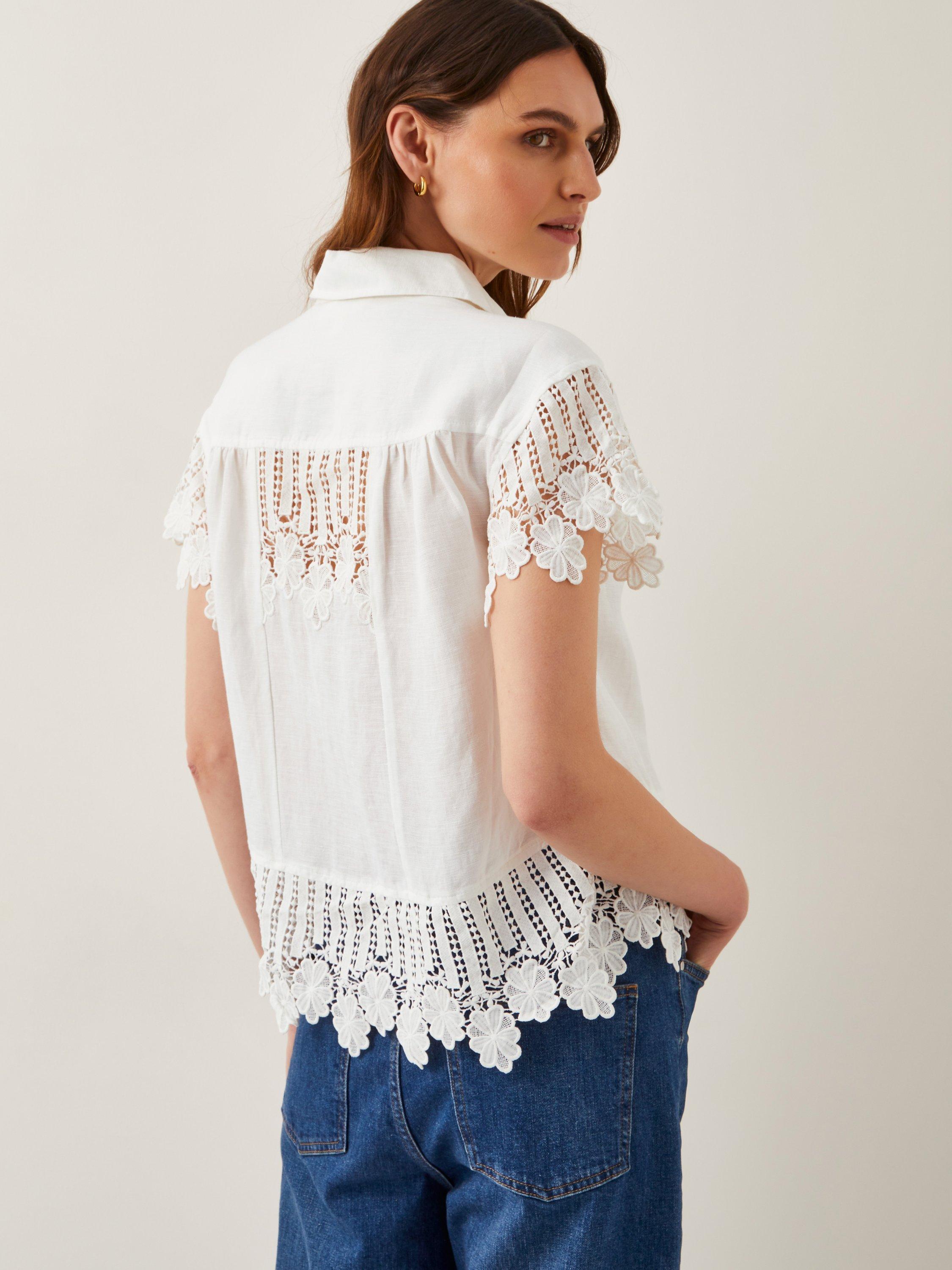 Product image 2 of 5, which shows Monsoon Lara Linen Blend Embroidered Shirt, White, 8|10
