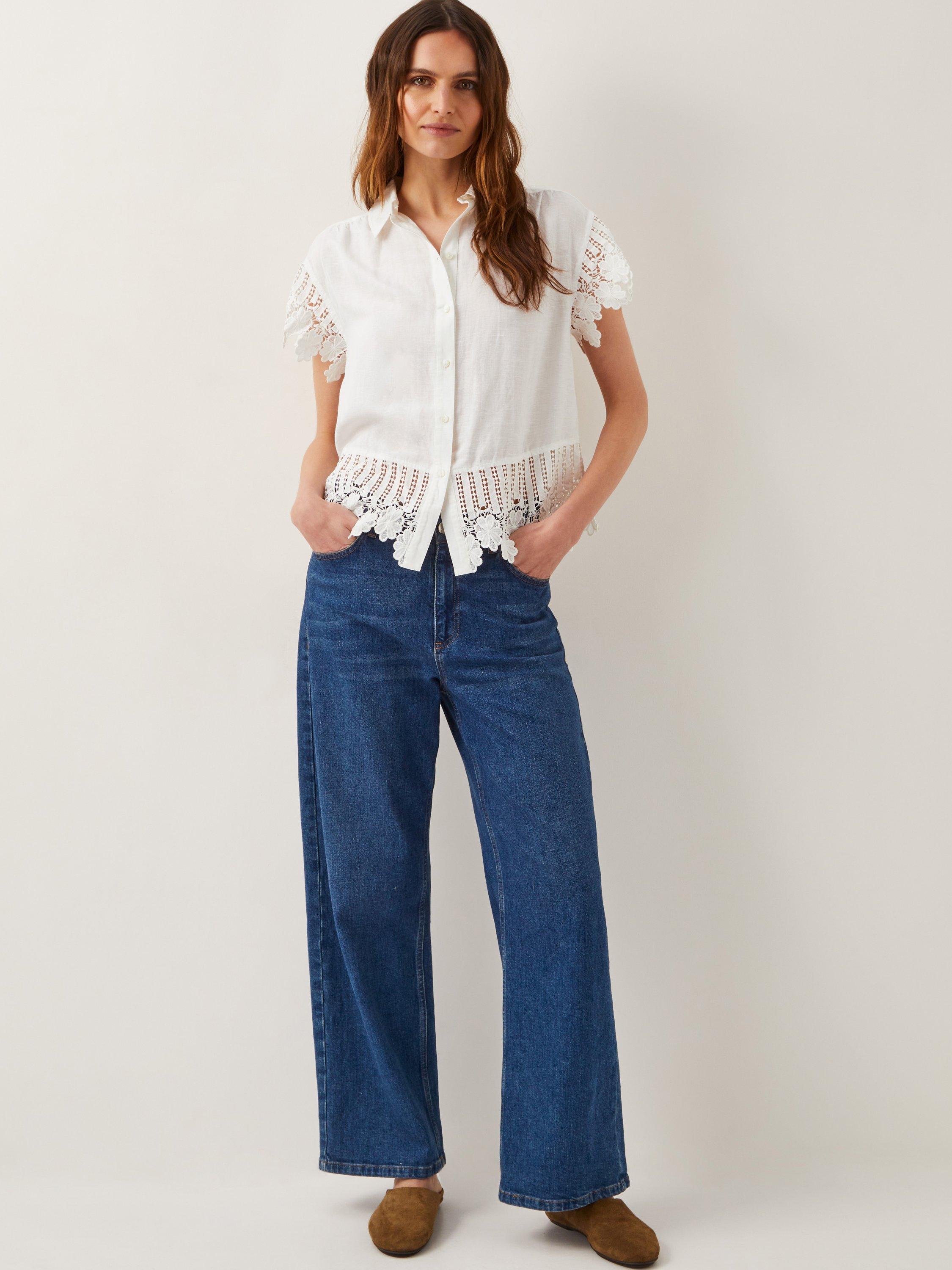 Product image 3 of 5, which shows Monsoon Lara Linen Blend Embroidered Shirt, White, 8|10