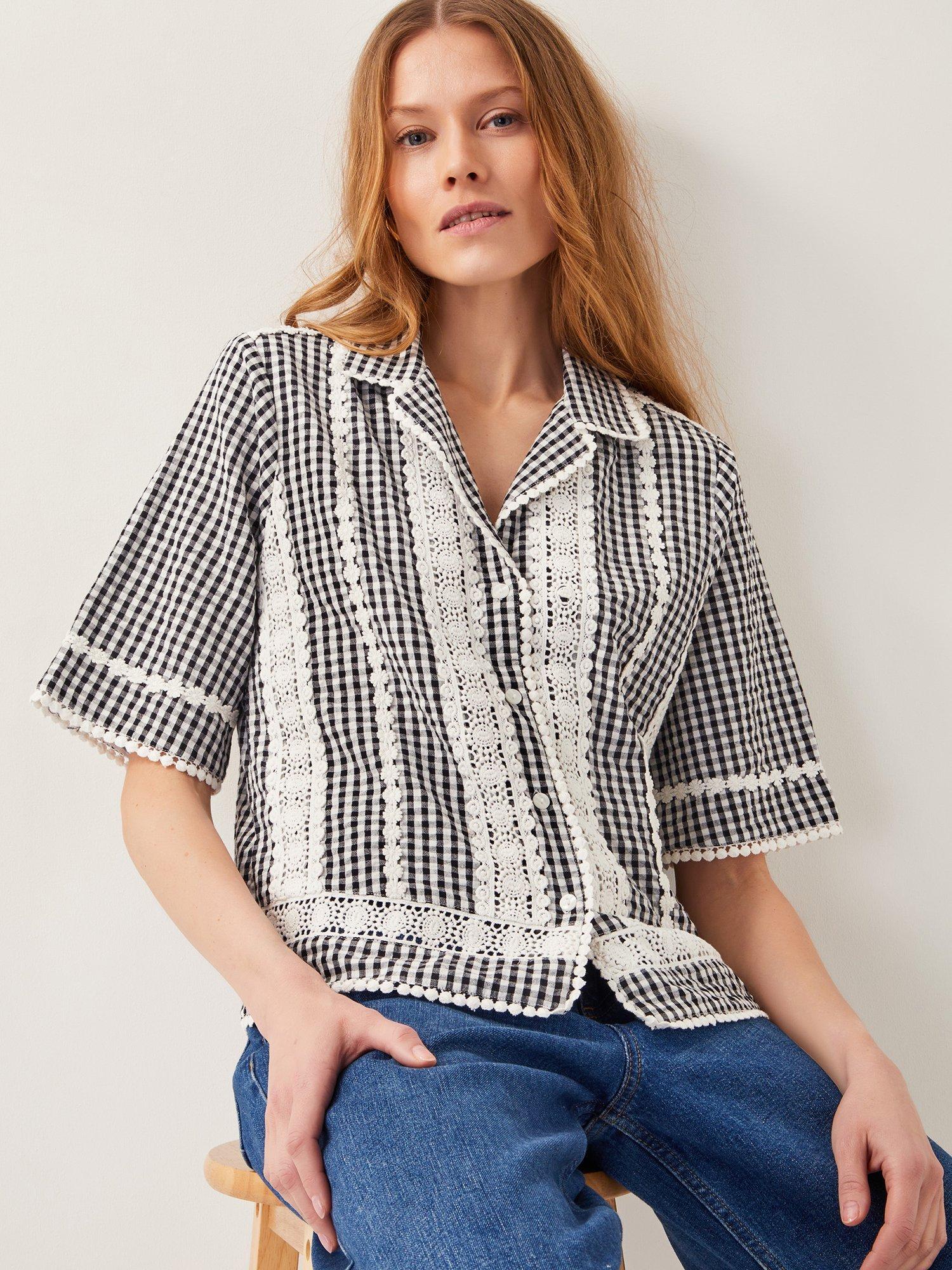 Product image 1 of 5, which shows Monsoon Zoe Lace Gingham Cotton Boxy Shirt, Black/White, S