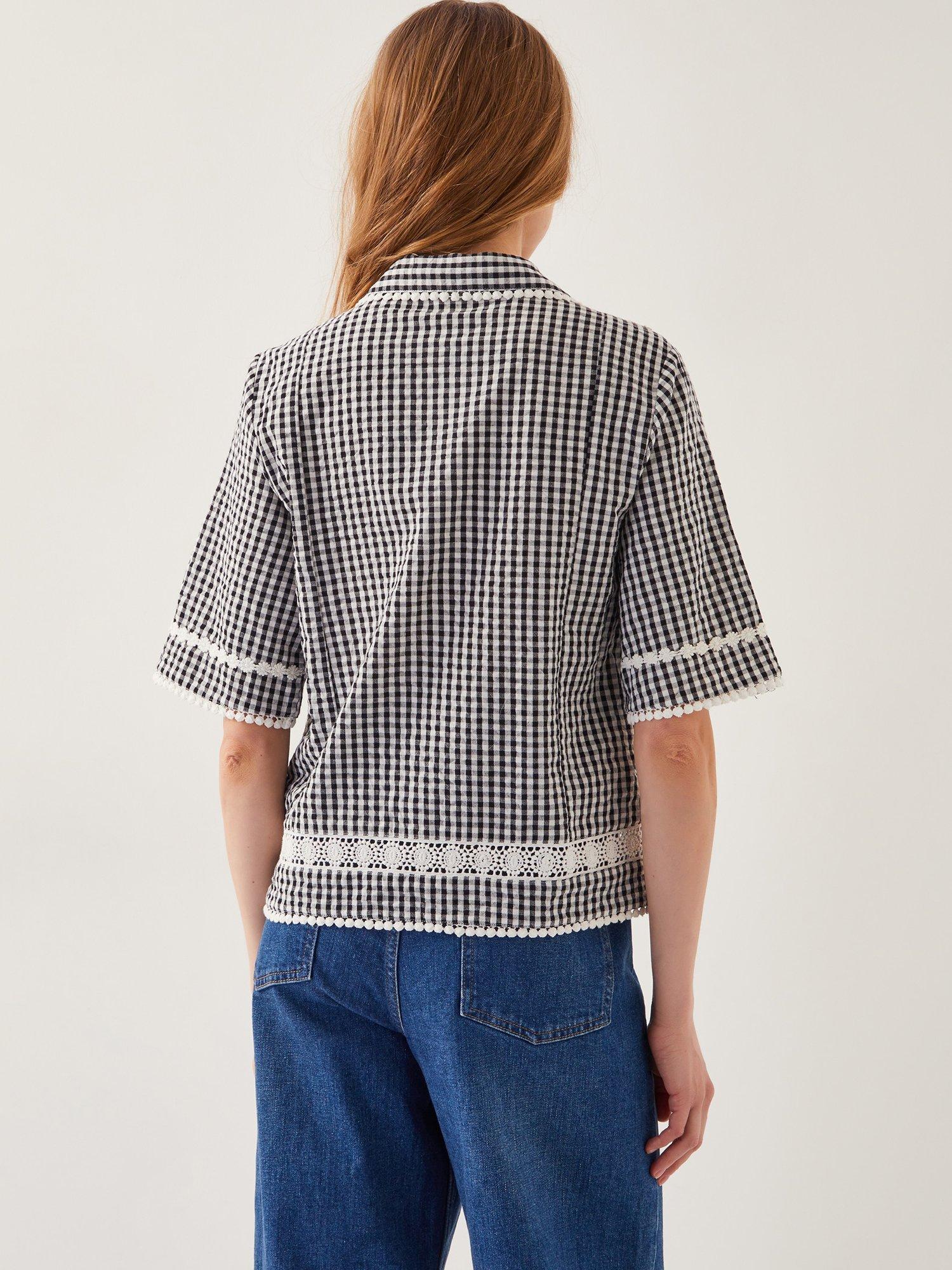 Product image 2 of 5, which shows Monsoon Zoe Lace Gingham Cotton Boxy Shirt, Black/White, S