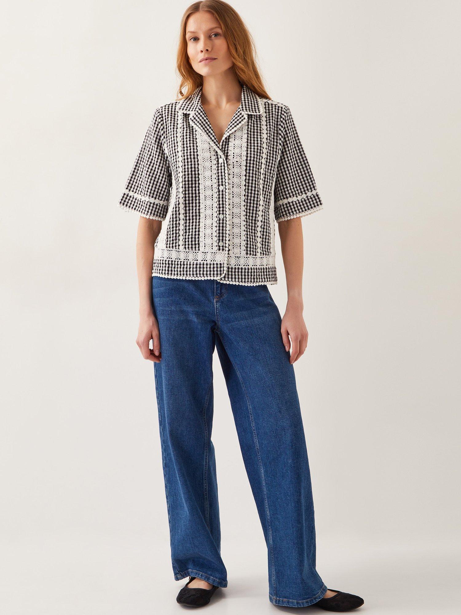 Product image 3 of 5, which shows Monsoon Zoe Lace Gingham Cotton Boxy Shirt, Black/White, S
