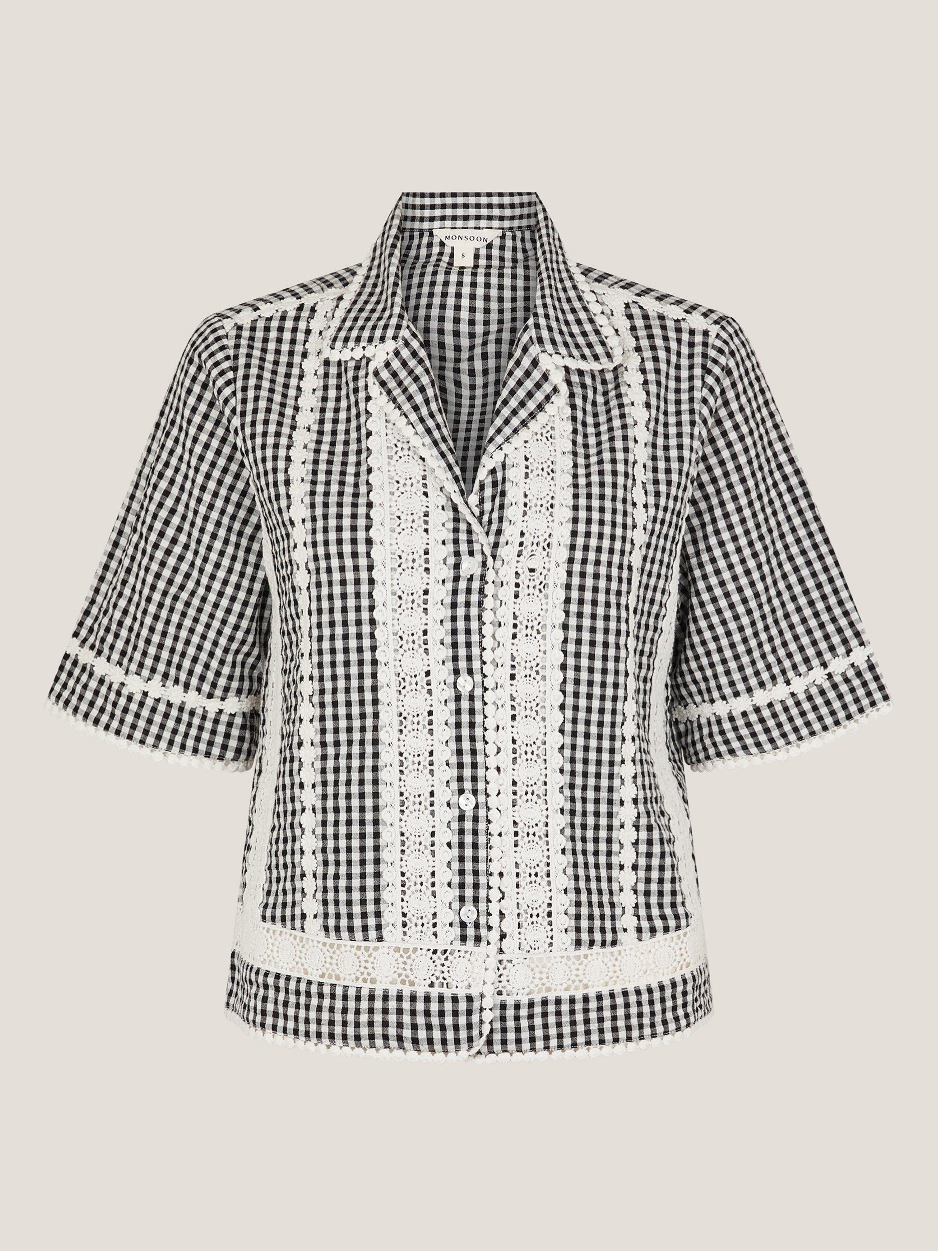 Product image 4 of 5, which shows Monsoon Zoe Lace Gingham Cotton Boxy Shirt, Black/White, S