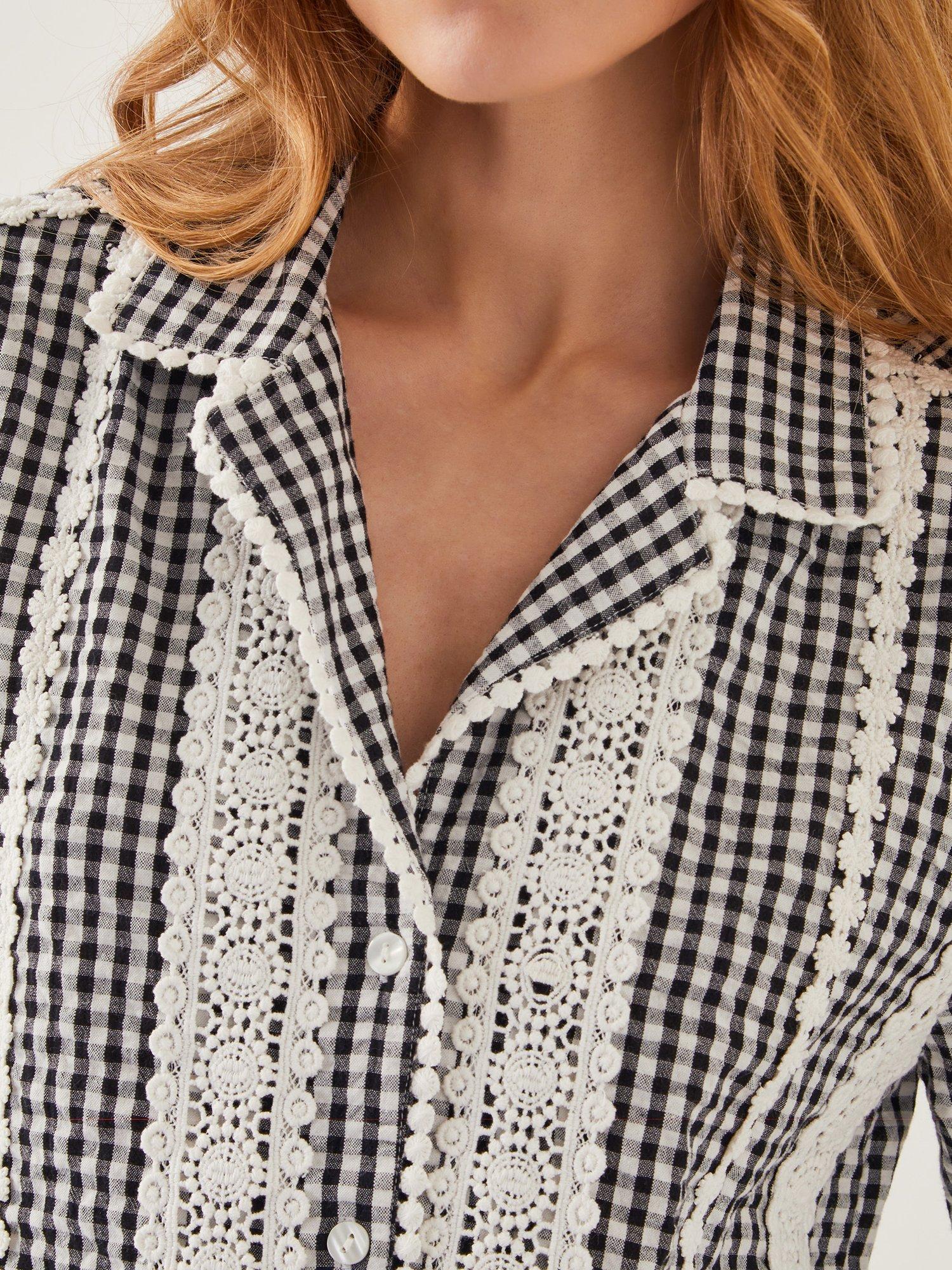 Product image 5 of 5, which shows Monsoon Zoe Lace Gingham Cotton Boxy Shirt, Black/White, S