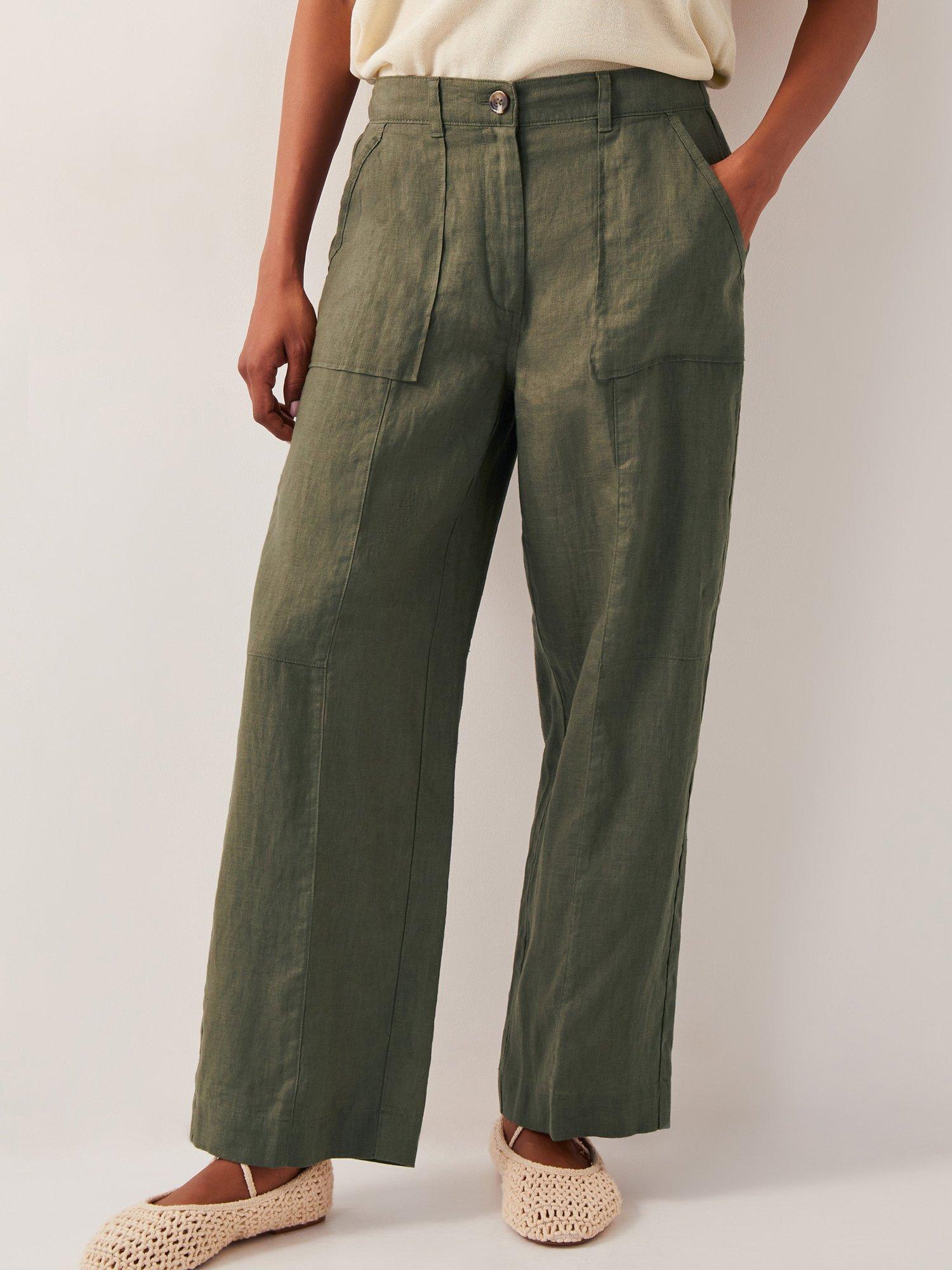 Product image 1 of 5, which shows Monsoon Jolie Linen Straight Leg Trousers, Khaki, S