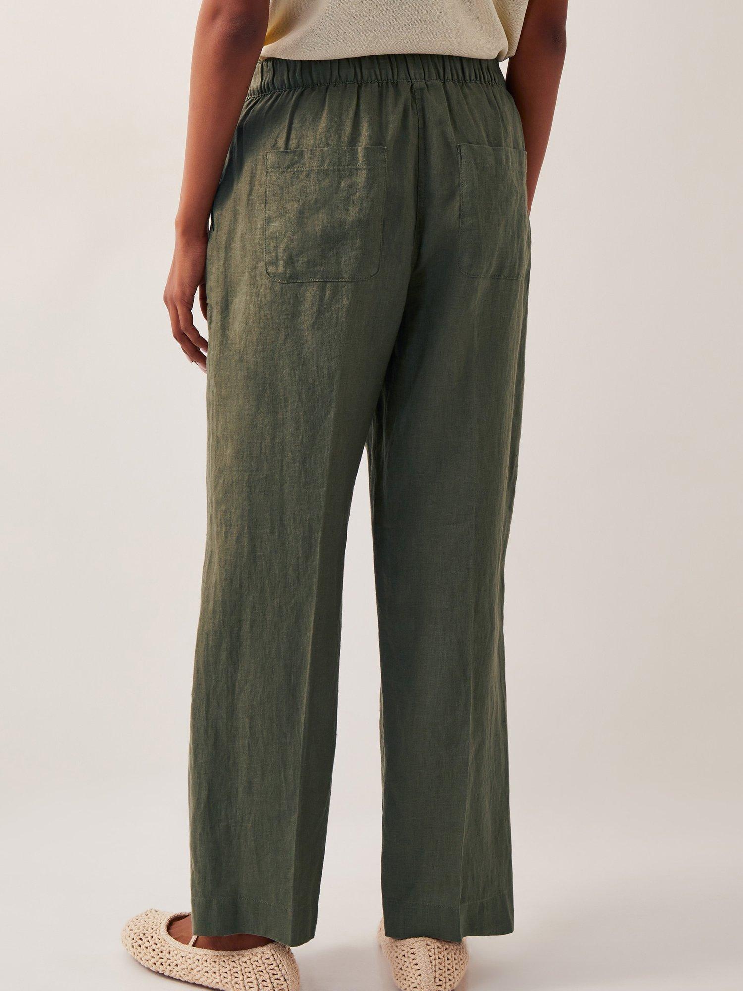 Product image 2 of 5, which shows Monsoon Jolie Linen Straight Leg Trousers, Khaki, S