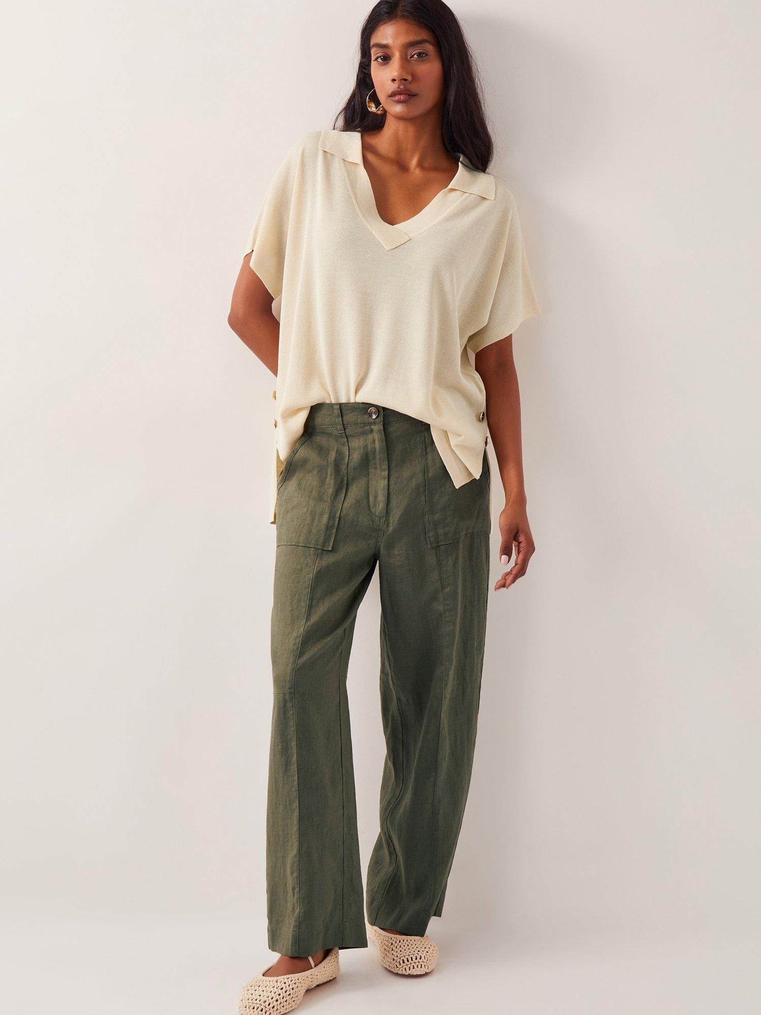 Product image 3 of 5, which shows Monsoon Jolie Linen Straight Leg Trousers, Khaki, S