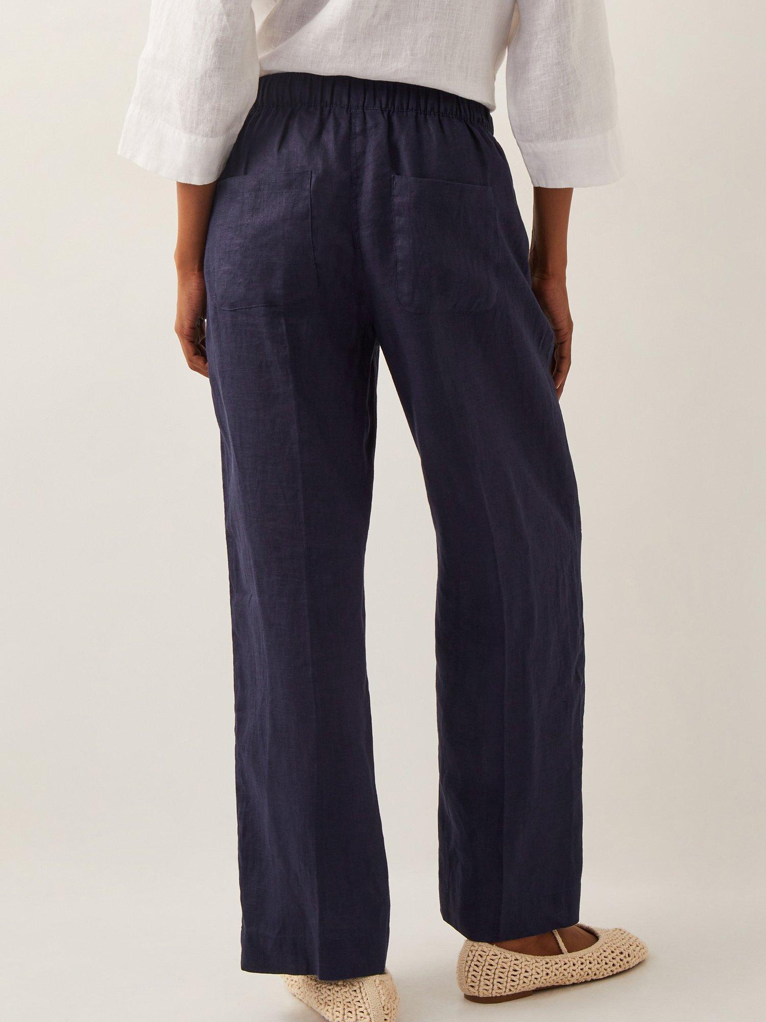 Product image 2 of 5, which shows Monsoon Jolie Linen Straight Leg Trousers, Navy, S