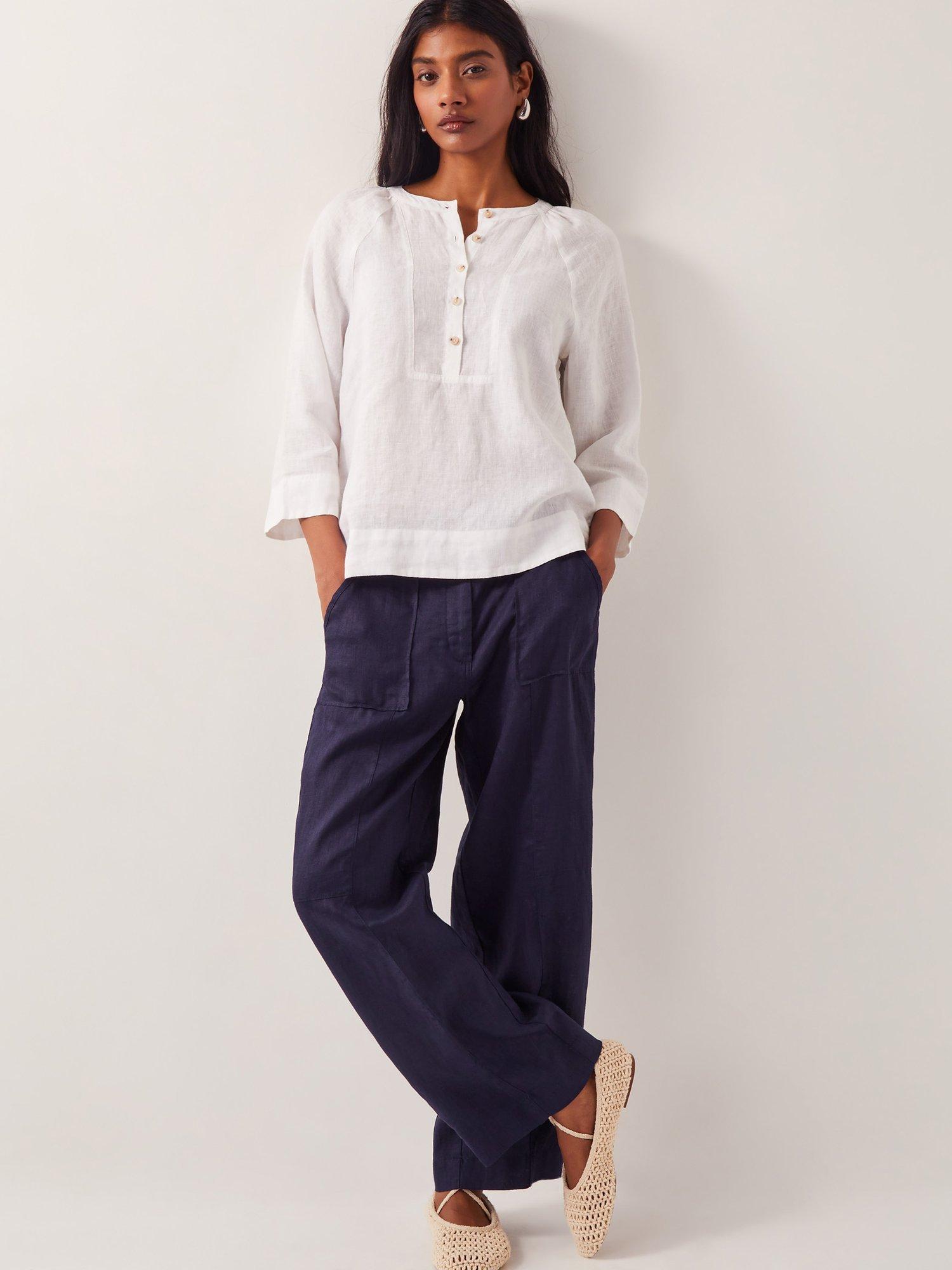 Product image 3 of 5, which shows Monsoon Jolie Linen Straight Leg Trousers, Navy, S