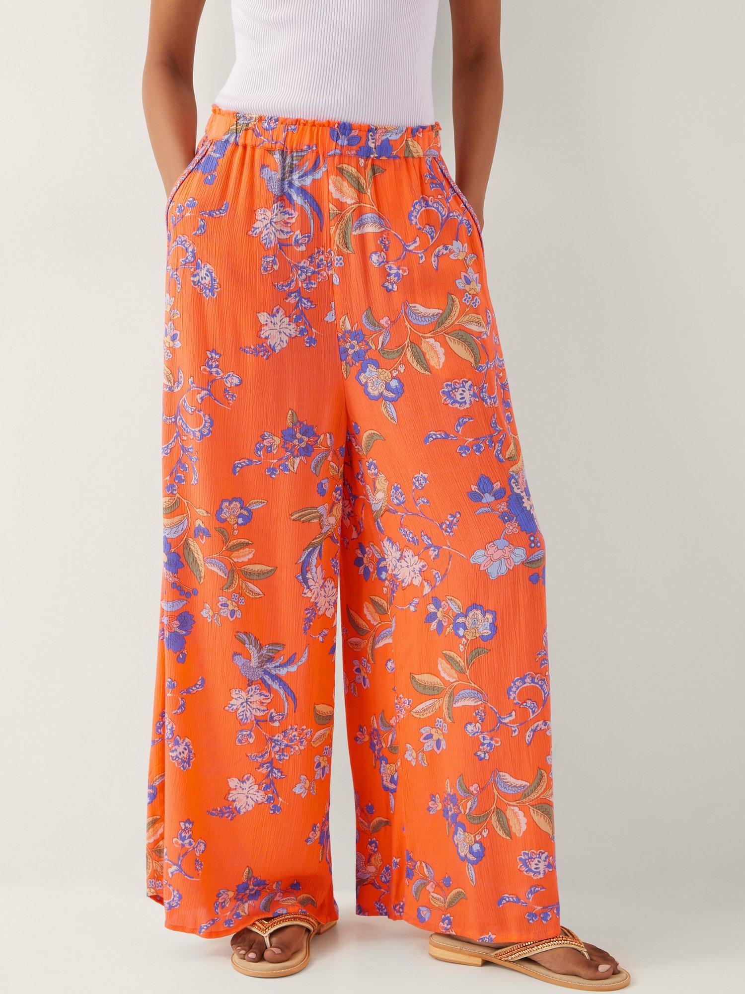 Monsoon Kaia Floral Elasticated Waist Wide Leg Trousers, Orange/Multi